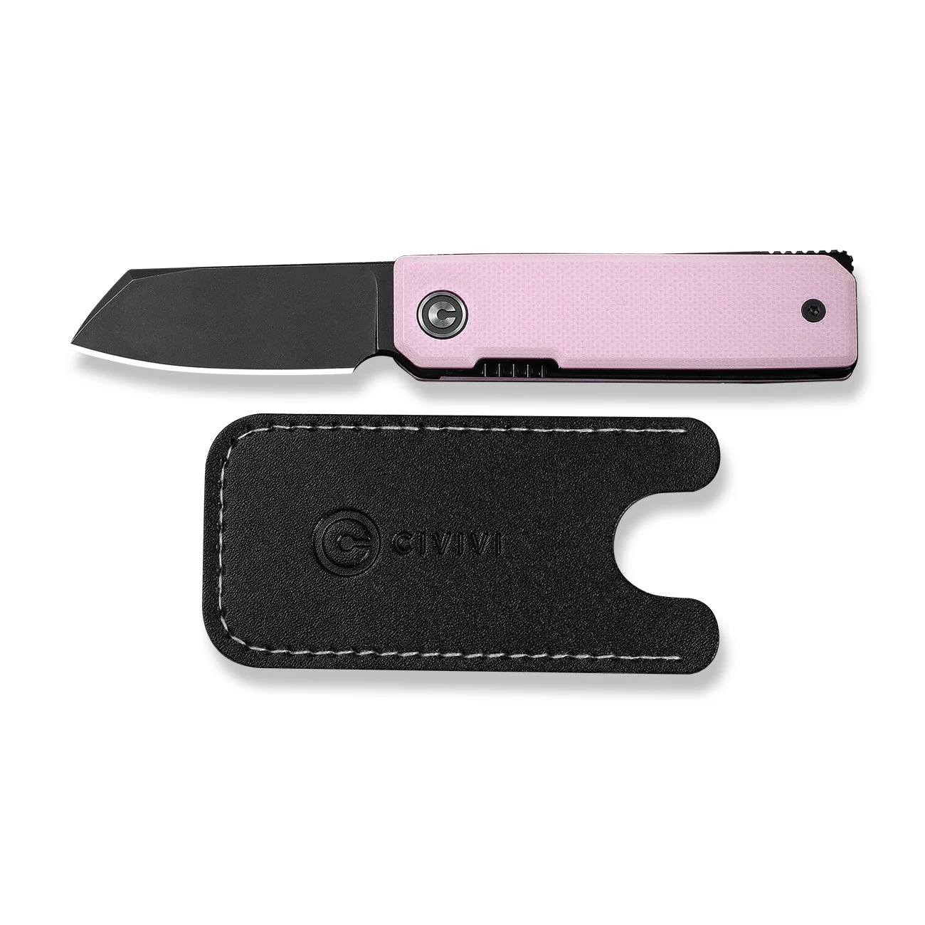 CIVIVI Kukei Front Flipper Knife Powder Pink G10 Handle (2.02" Black Stonewashed Nitro-V Blade) C25036-1, With 1PC Black Leather Sheath - Image 2