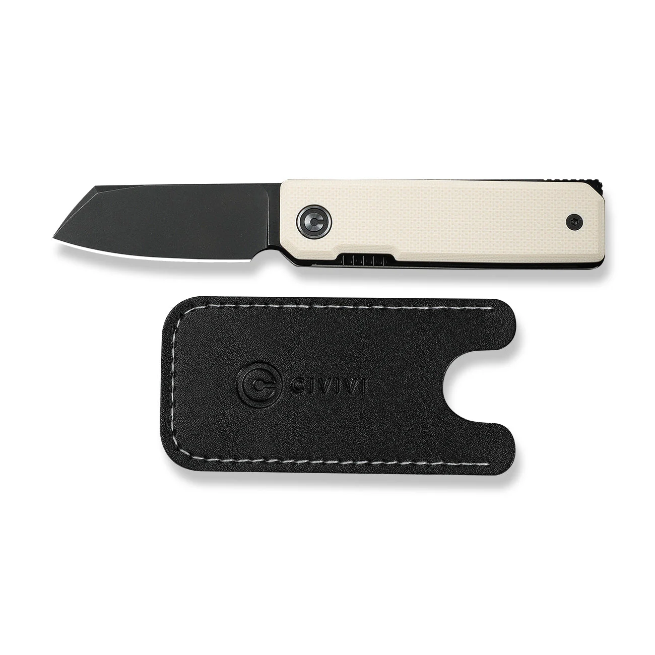 CIVIVI Kukei Front Flipper Knife Ivory G10 Handle (2.02" Black Stonewashed Nitro-V Blade) C25036-3, With 1PC Black Leather Sheath - Image 2