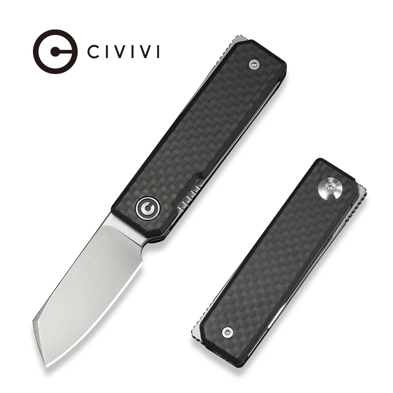 CIVIVI Kukei Front Flipper Knife Twill Carbon Fiber Overlay On Black G10 Handle (2.02" Satin Finished Nitro-V Blade) C25036-4, With 1PC Black Leather Sheath