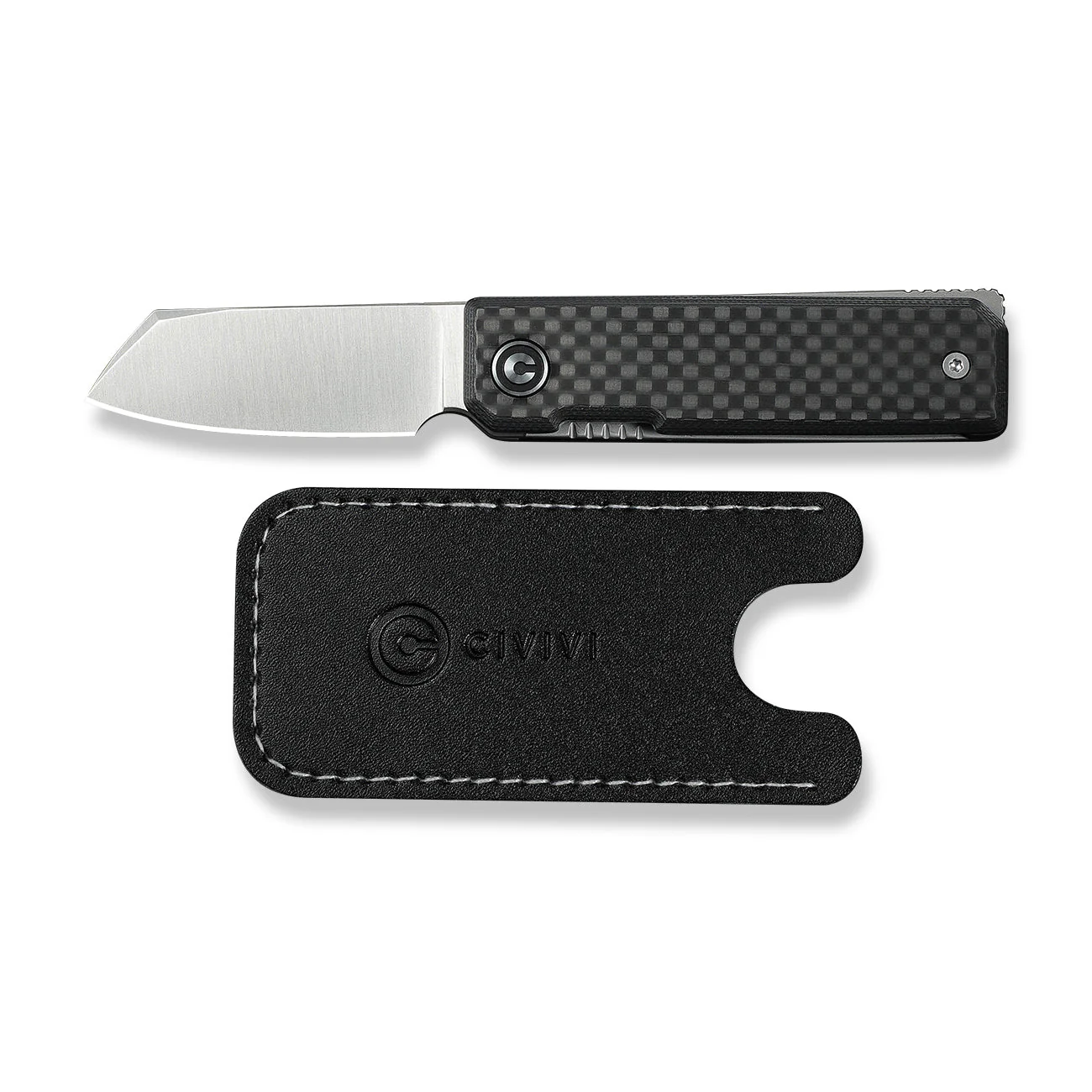 CIVIVI Kukei Front Flipper Knife Twill Carbon Fiber Overlay On Black G10 Handle (2.02" Satin Finished Nitro-V Blade) C25036-4, With 1PC Black Leather Sheath - Image 2