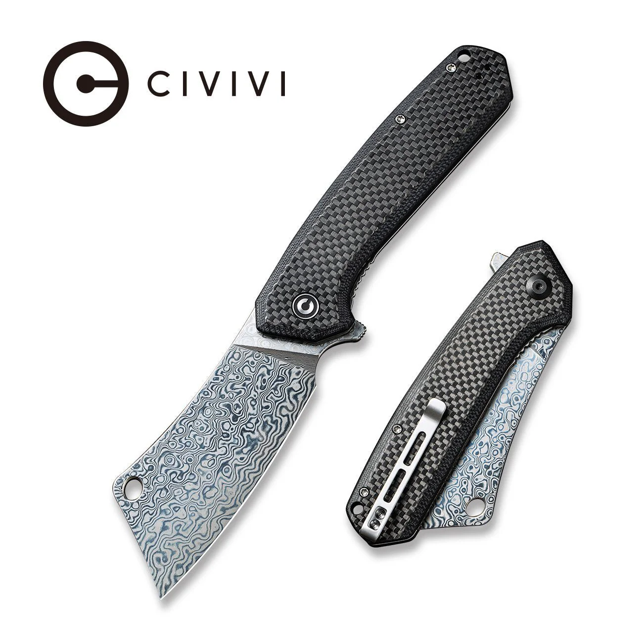 CIVIVI Mastodon Flipper Knife Carbon Fiber & G10 Handle (3.83" Damascus Blade) C2012DS-1