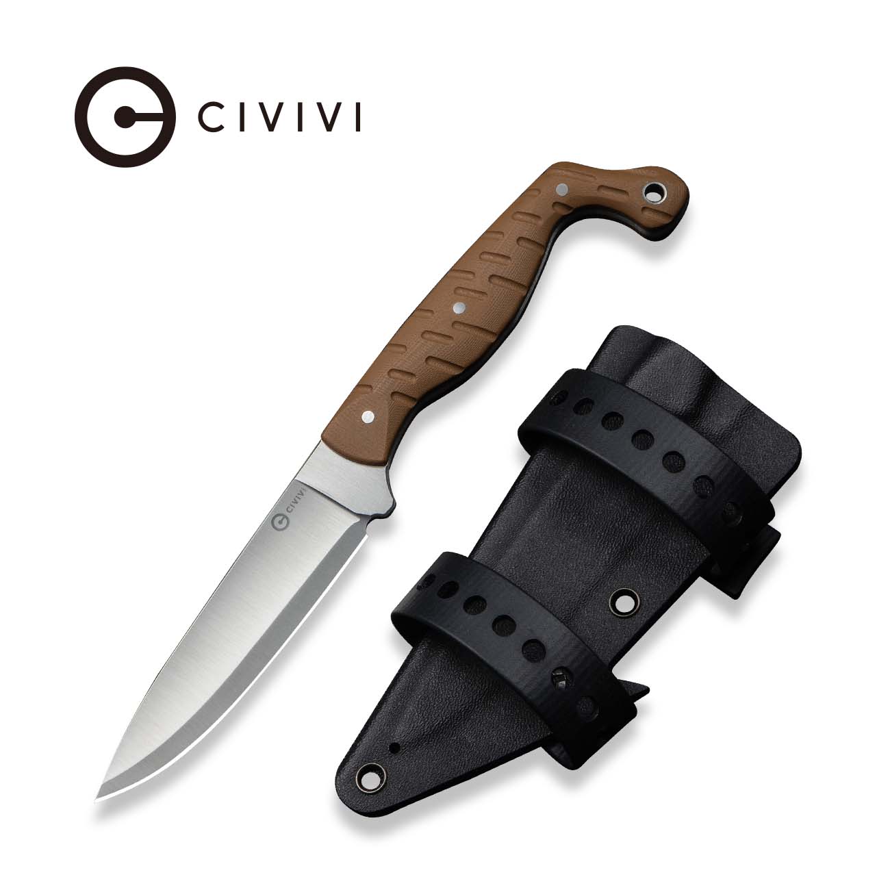 CIVIVI MDRN Hunter Fixed Blade Knife Brown G10 Handle (4.12" Satin Finished Nitro-V Blade) C23078-2, With 1PC Black Kydex Sheath & 2PCS Black Straps