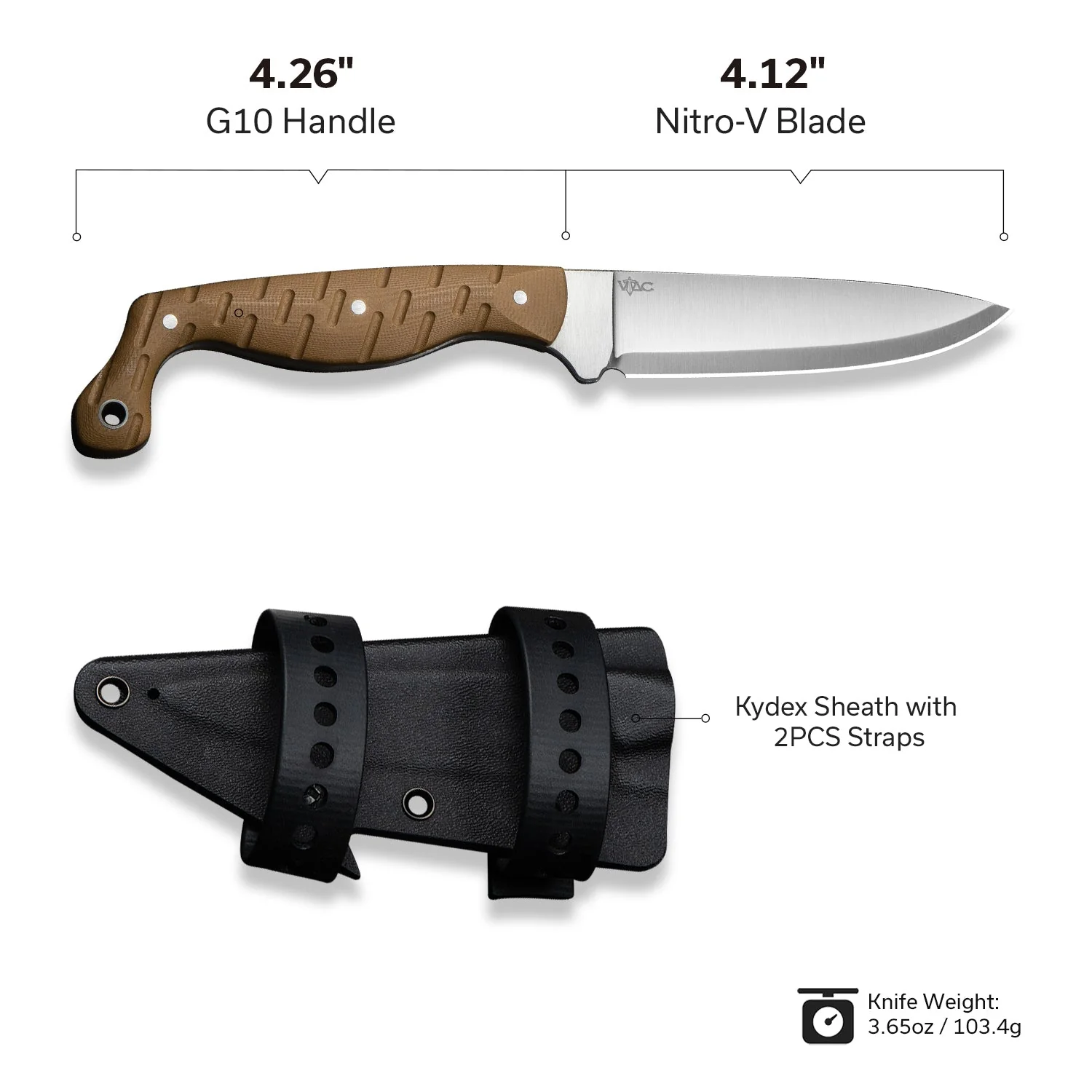 CIVIVI MDRN Hunter Fixed Blade Knife Brown G10 Handle (4.12" Satin Finished Nitro-V Blade) C23078-2, With 1PC Black Kydex Sheath & 2PCS Black Straps - Image 6