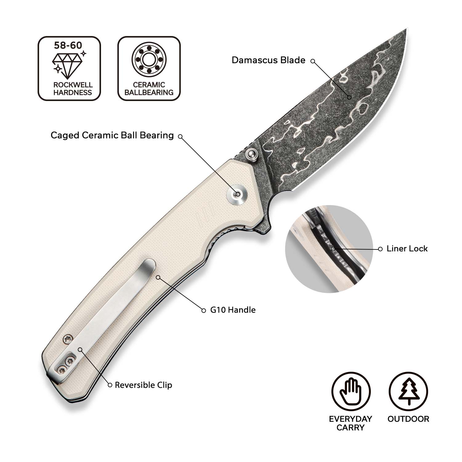 CIVIVI Merit Flipper & Thumb Stud Knife G10 Handle (3.28" Damascus Blade) C24012-DS1 - Image 7