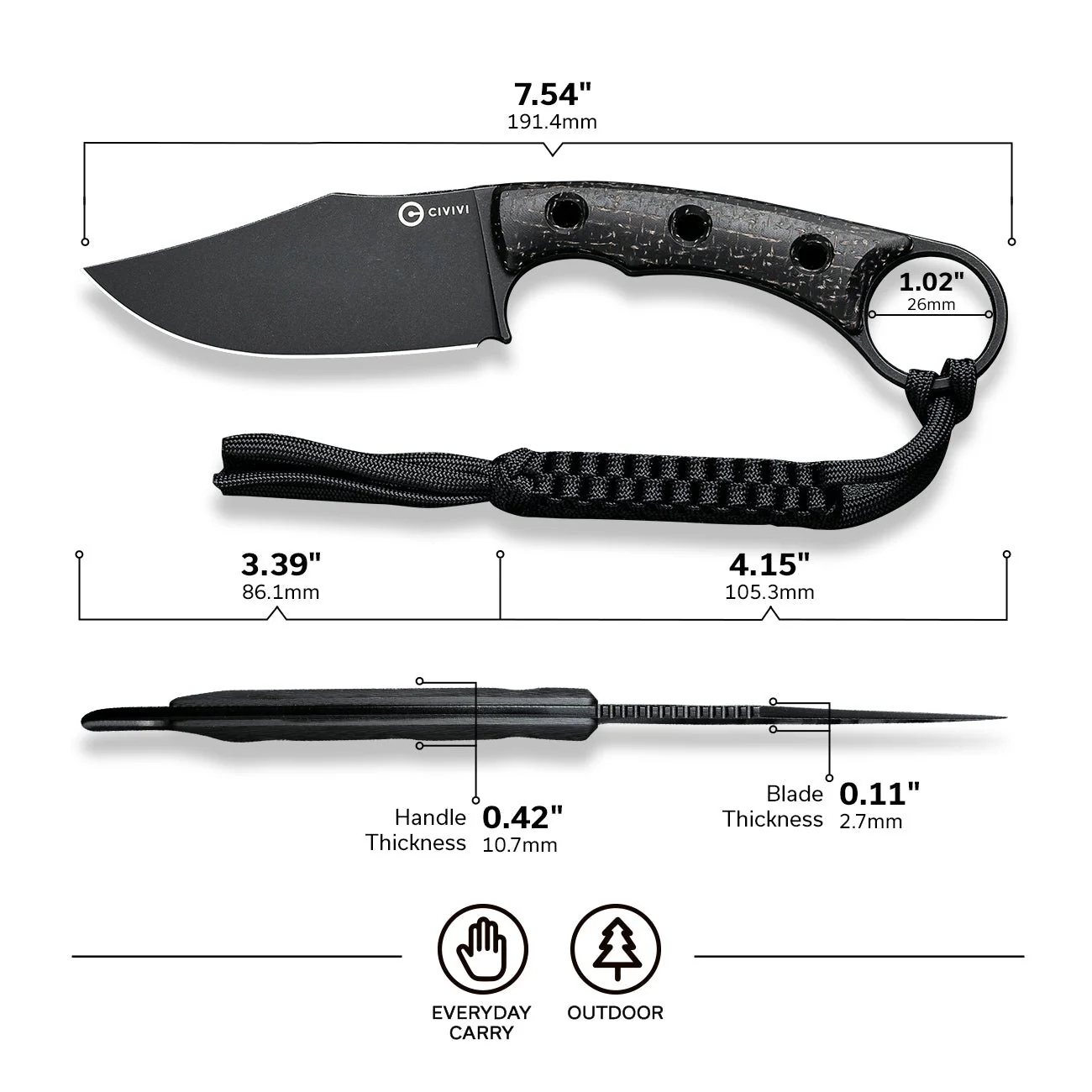 CIVIVI Midwatch Fixed Blade Knife Micarta Handle (3.39" N690 Blade) C20059B-1 - Image 2
