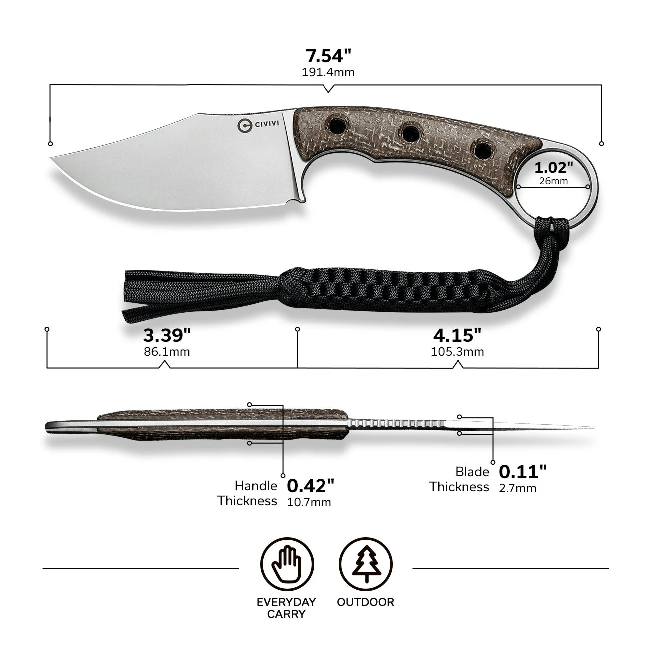 CIVIVI Midwatch Fixed Blade Knife Micarta Handle (3.39" N690 Blade) C20059B-2 - Image 2
