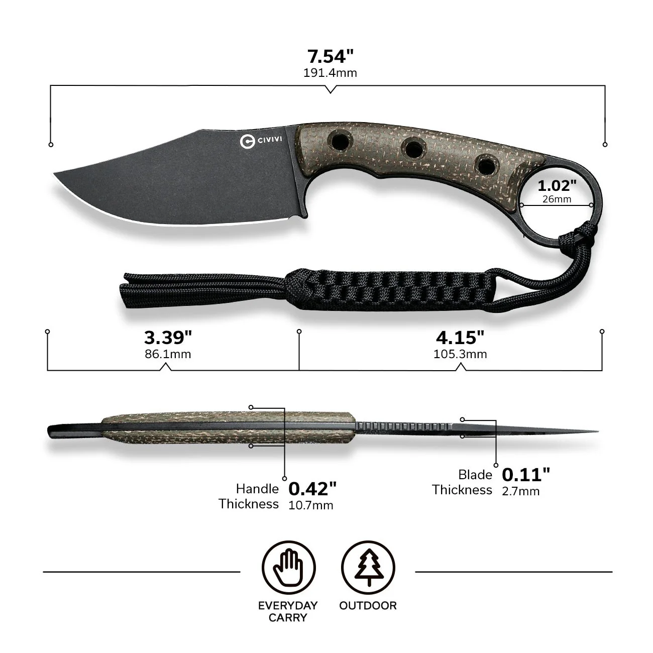 CIVIVI Midwatch Fixed Blade Knife Micarta Handle (3.39" N690 Blade) C20059B-3 - Image 2