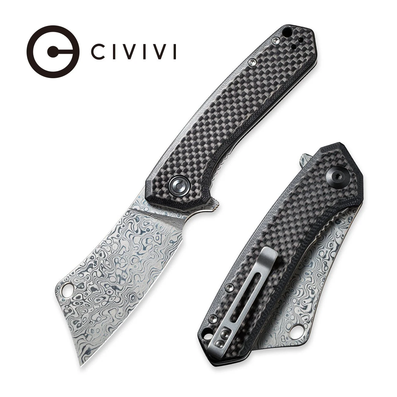 CIVIVI Mini Mastodon Flipper Knife Carbon Fiber & G10 Handle (2.97" Damascus Blade) C2011DS-1