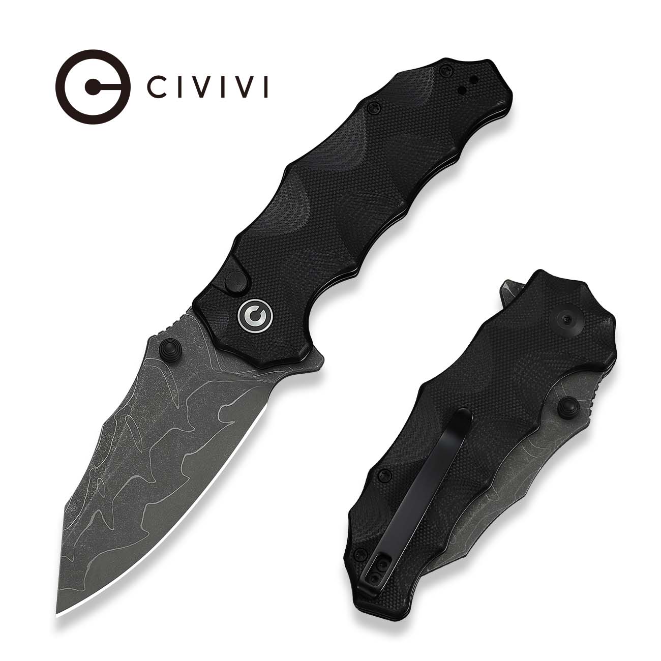 CIVIVI Natterjack Thumb Stud & Button Lock Knife Milled Black G10 Handle (3.19" Damascus Blade) C24028-DS1