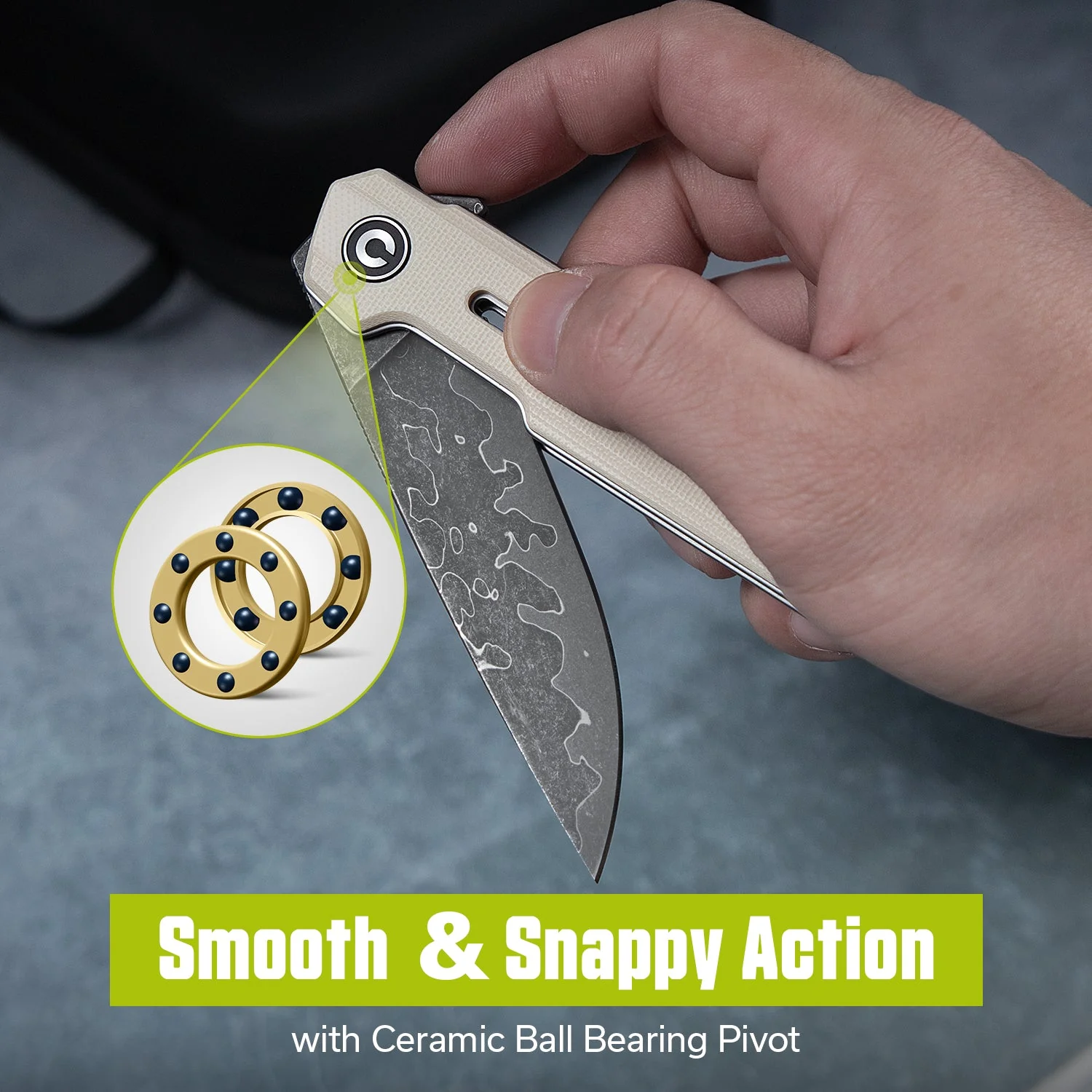 CIVIVI Navo Flipper Knife Ivory G10 Handle (3.25" Damascus Blade) C25015A-DS1 - Image 5
