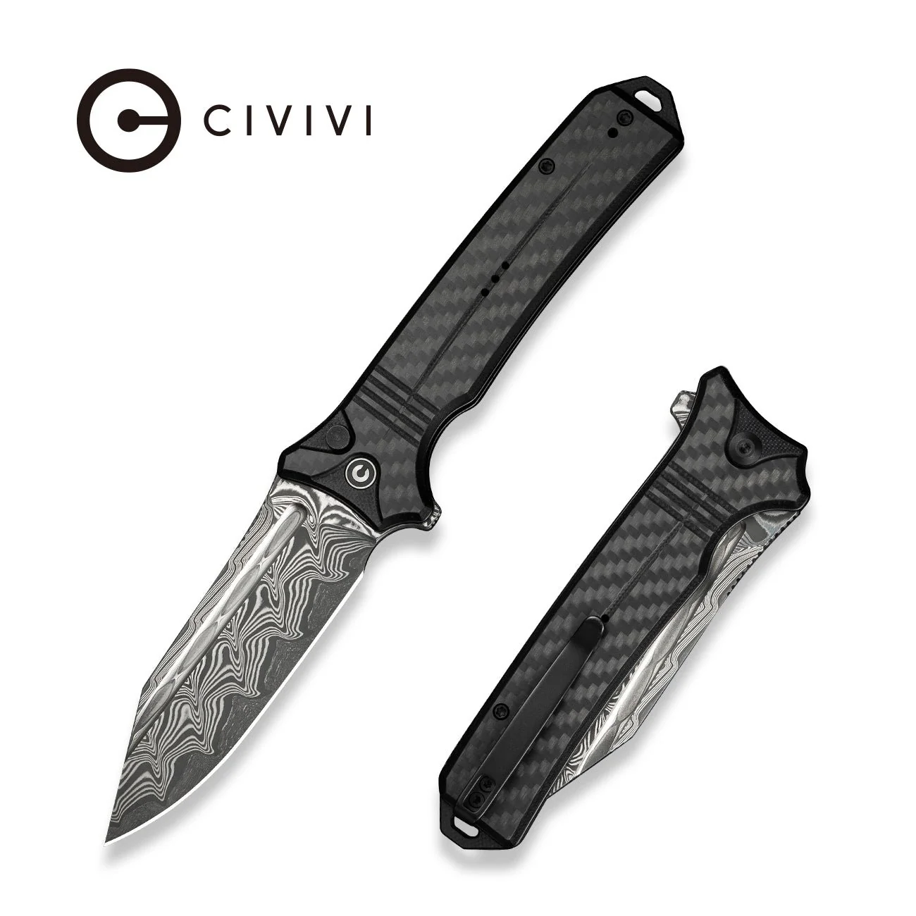 CIVIVI Neurohaptic Flipper & Button Lock Knife Carbon Fiber & G10 Handle (3.74" Damascus Blade) C23080-DS1