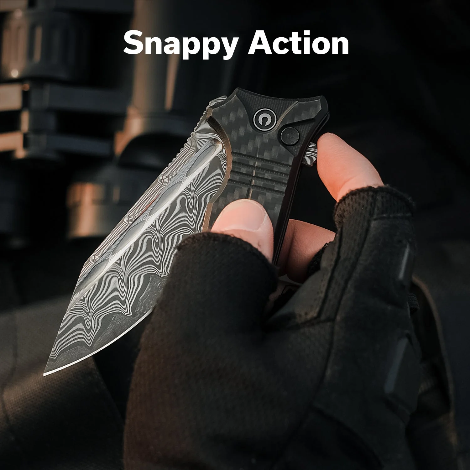 CIVIVI Neurohaptic Flipper & Button Lock Knife Carbon Fiber & G10 Handle (3.74" Damascus Blade) C23080-DS1 - Image 2