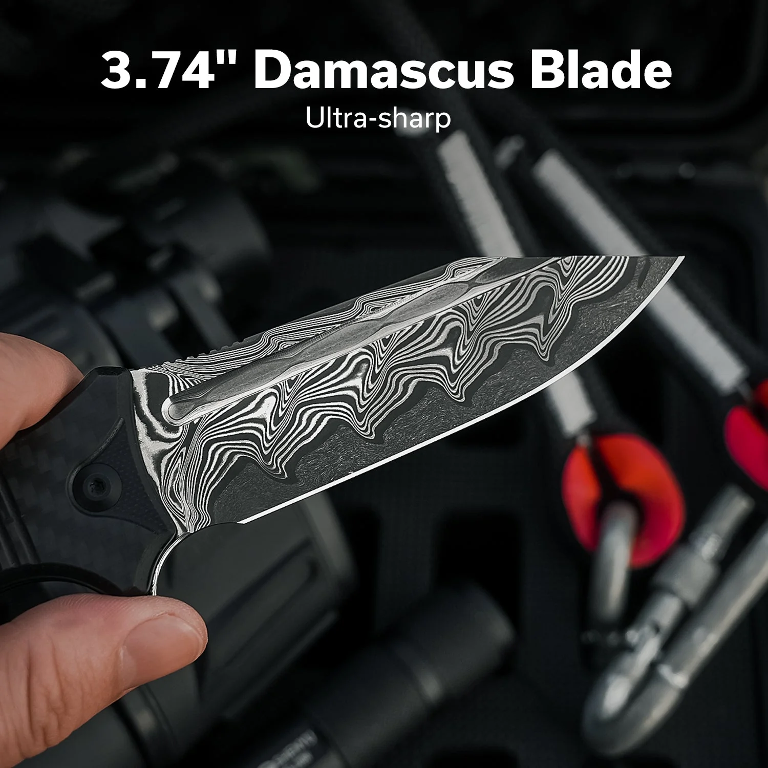 CIVIVI Neurohaptic Flipper & Button Lock Knife Carbon Fiber & G10 Handle (3.74" Damascus Blade) C23080-DS1 - Image 3