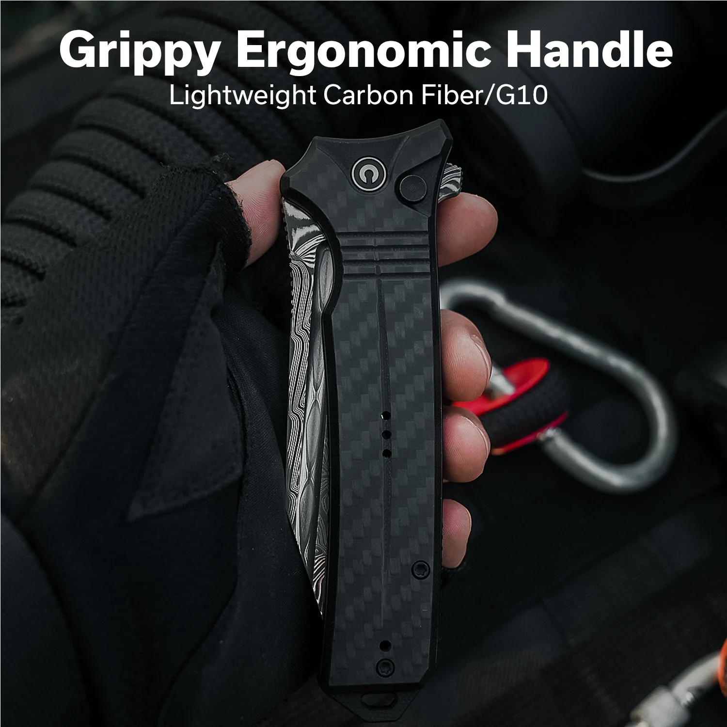 CIVIVI Neurohaptic Flipper & Button Lock Knife Carbon Fiber & G10 Handle (3.74" Damascus Blade) C23080-DS1 - Image 4