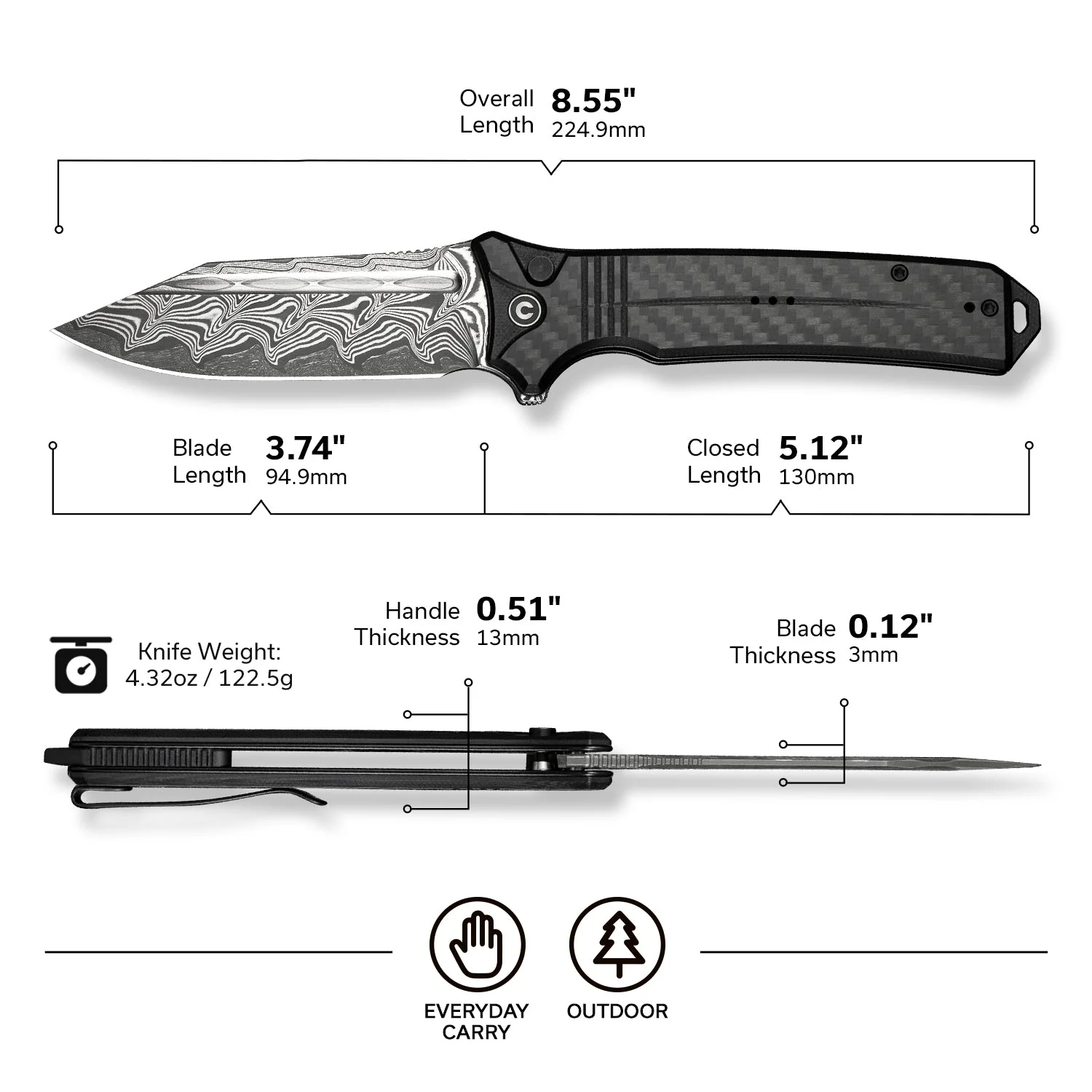 CIVIVI Neurohaptic Flipper & Button Lock Knife Carbon Fiber & G10 Handle (3.74" Damascus Blade) C23080-DS1 - Image 7