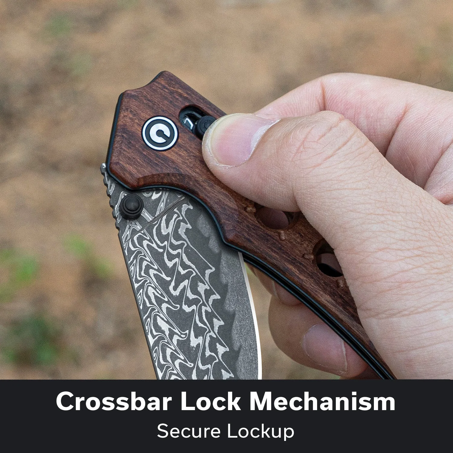 CIVIVI Noctis Thumb Stud & Crossbar Lock Knife Guibourtia Wood Handle (2.98" Damascus Blade) C24020C-DS1 - Image 4