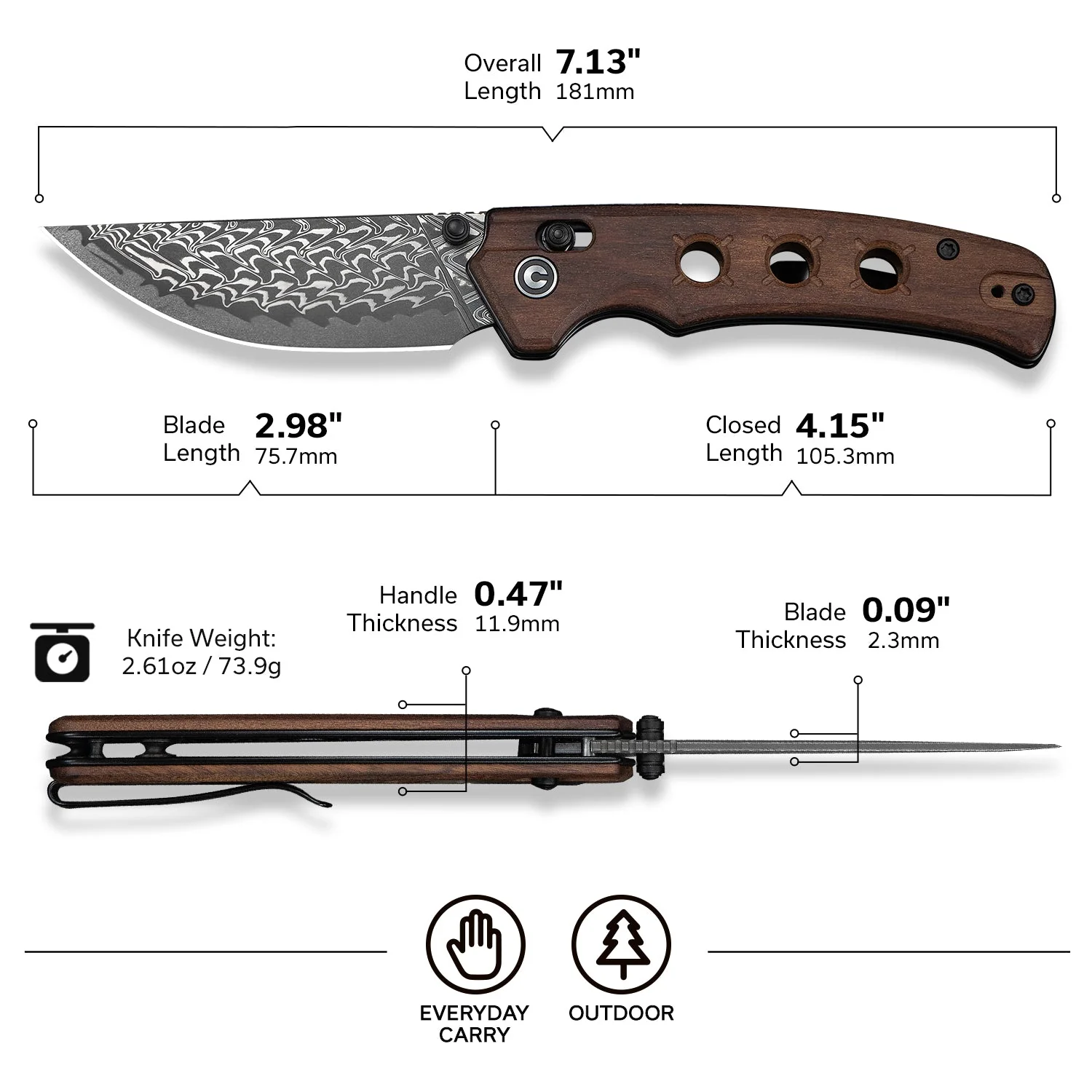 CIVIVI Noctis Thumb Stud & Crossbar Lock Knife Guibourtia Wood Handle (2.98" Damascus Blade) C24020C-DS1 - Image 7