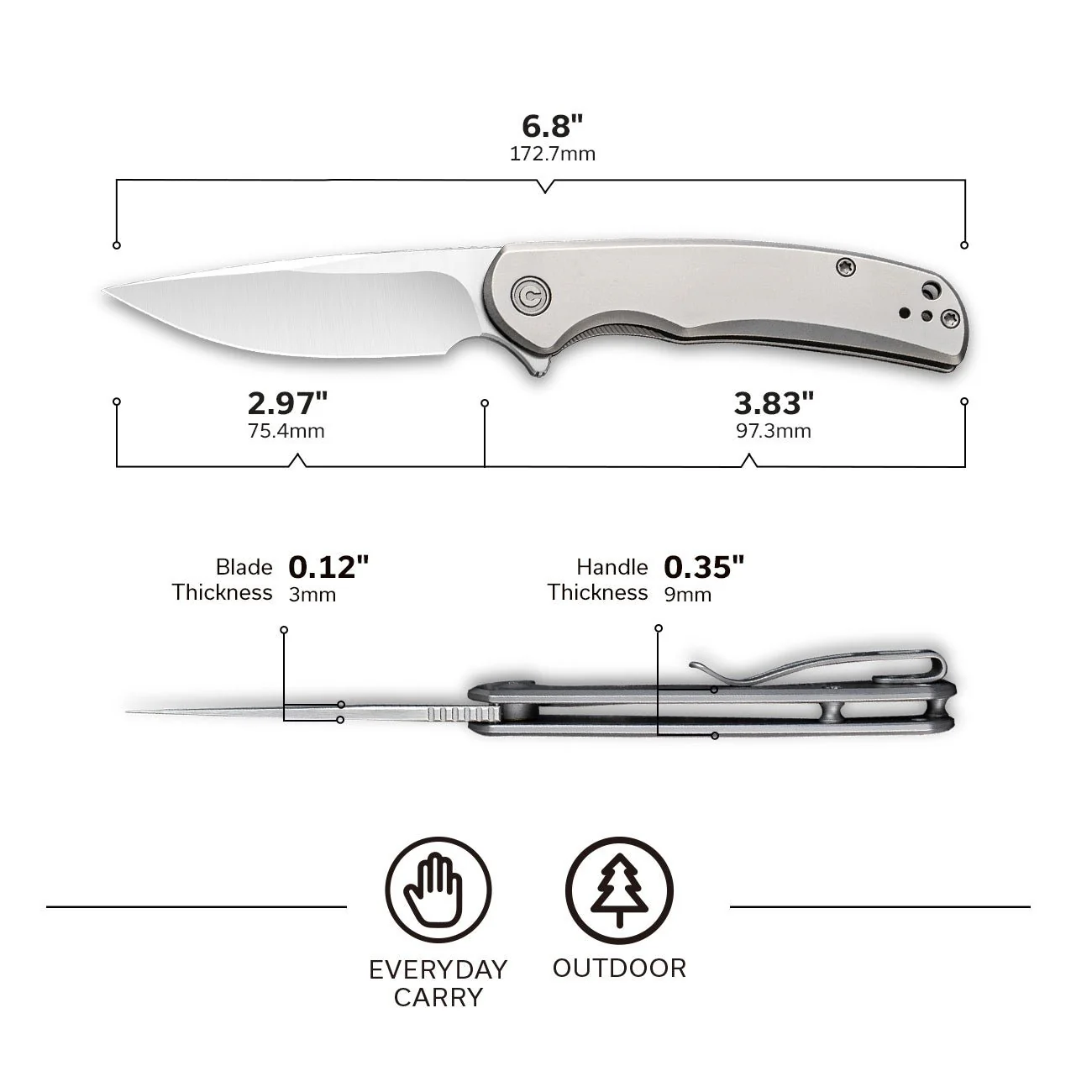 CIVIVI NOx Flipper Knife Stainless Steel Handle (2.97" Nitro-V Blade) C2110A - Image 3