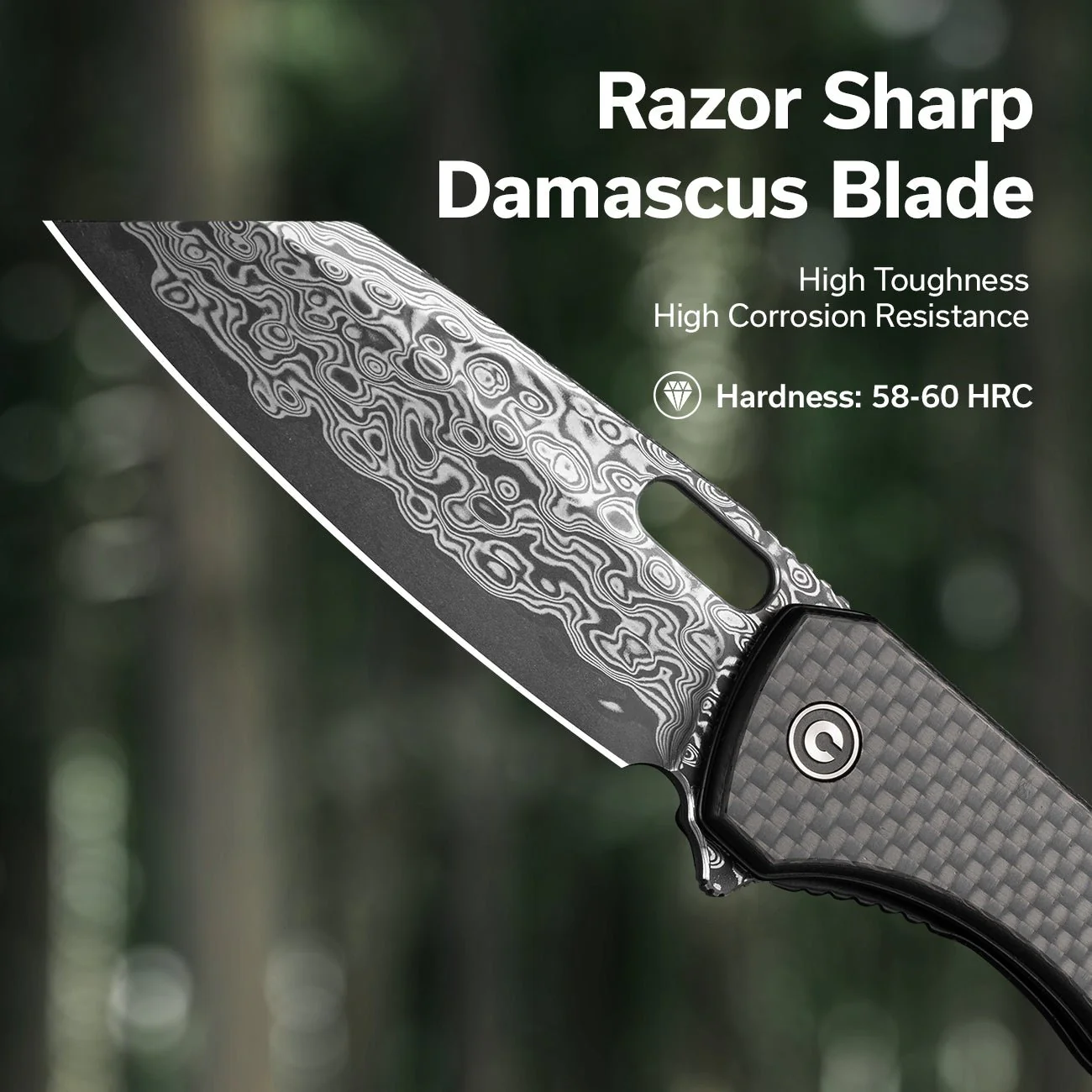CIVIVI Nugz Flipper & Thumb Hole Knife Carbon Fiber & G10 Handle (3.17" Damascus Blade) C23060-DS1 - Image 2