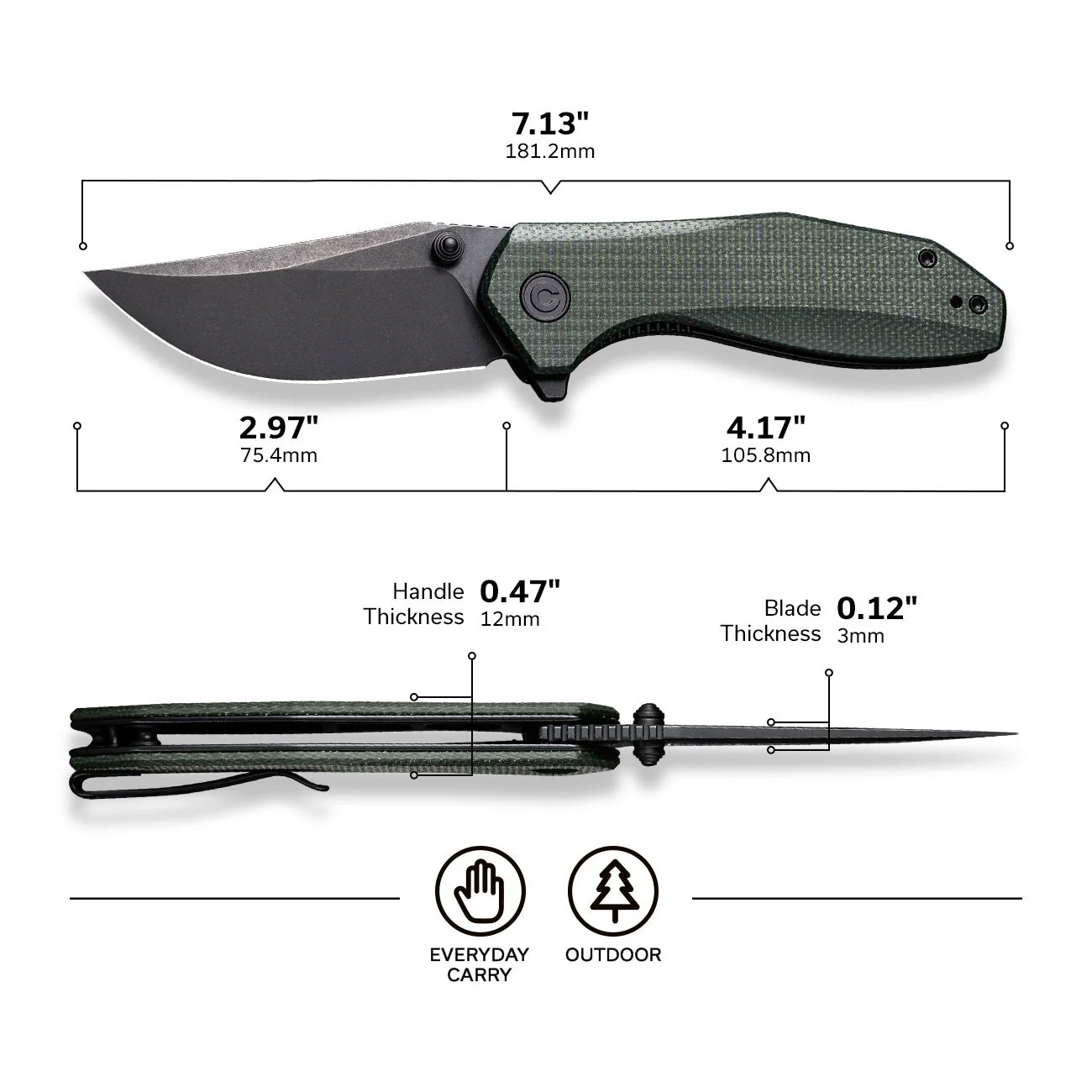 CIVIVI ODD 22 Flipper & Thumb Stud Knife Micarta Handle (2.97" 14C28N Blade) C21032-2 - Image 2