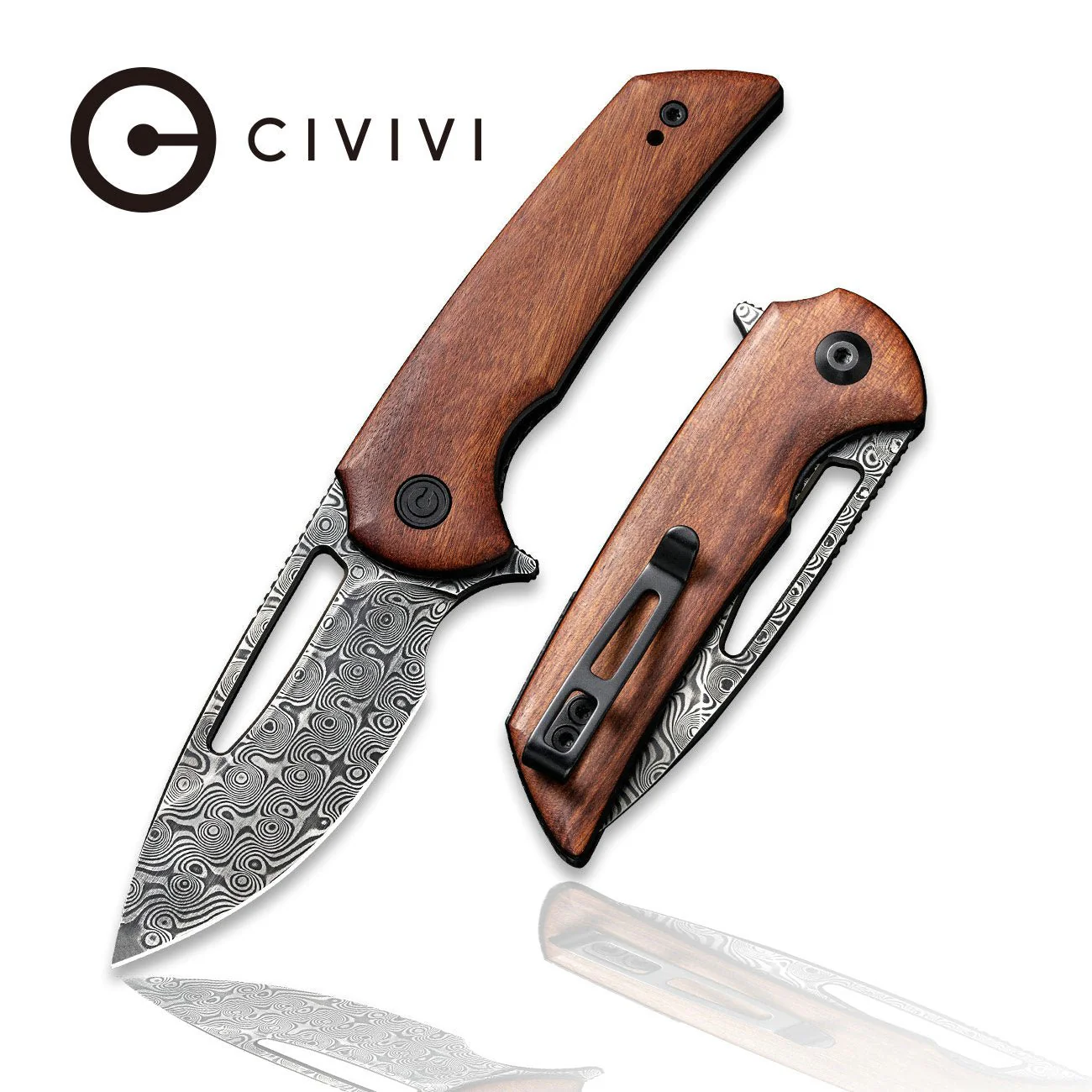 CIVIVI Odium Flipper & Thumb Hole Knife Wood Handle (2.65" Damascus Blade) C2010DS-1