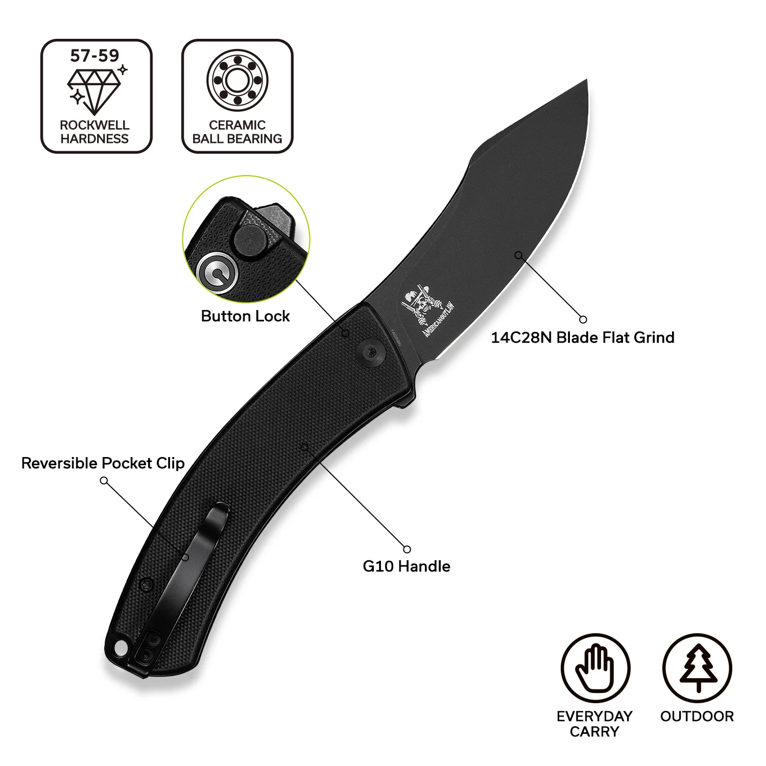 CIVIVI Outlaw Muk Flipper & Button Lock Knife Black G10 Handle (3.47" Black Stonewashed 14C28N Blade) C24079-1 - Image 7