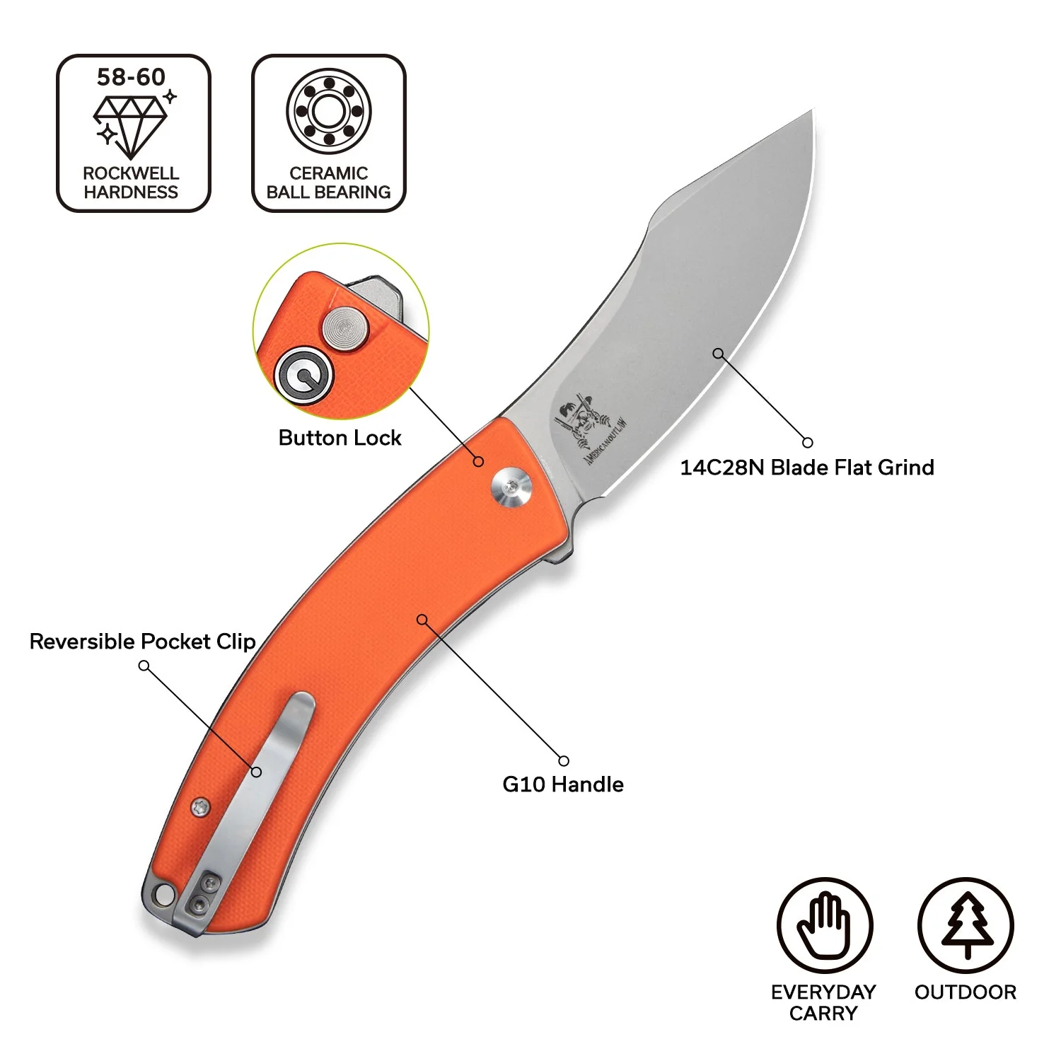 CIVIVI Outlaw Muk Flipper & Button Lock Knife Orange G10 Handle (3.47" Stonewashed 14C28N Blade) C24079-2 - Image 7