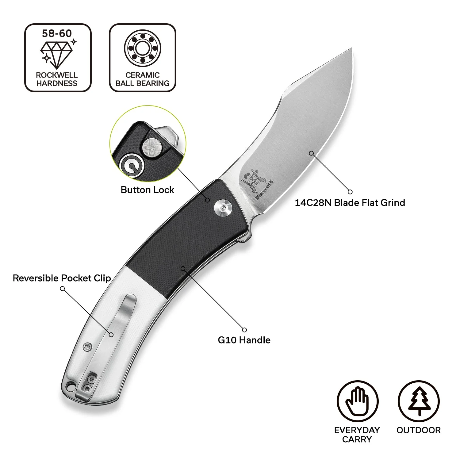 CIVIVI Outlaw Muk Flipper & Button Lock Knife Black & White G10 Handle (3.47" Satin Finished 14C28N Blade) C24079-4 - Image 7