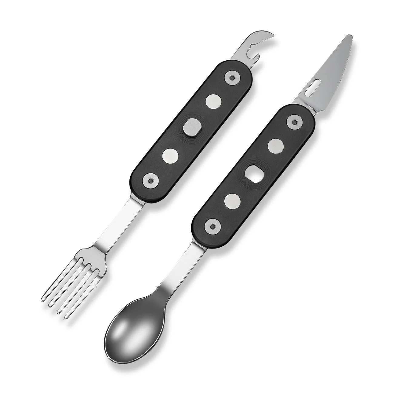 CIVIVI Partake 4-In-1 Multi-Tool Black Aluminum Handle Stainless Steel Knife, Fork, Spoon & Can Opener C24032C-1, With A Waxed Canvas Pouch - Image 2