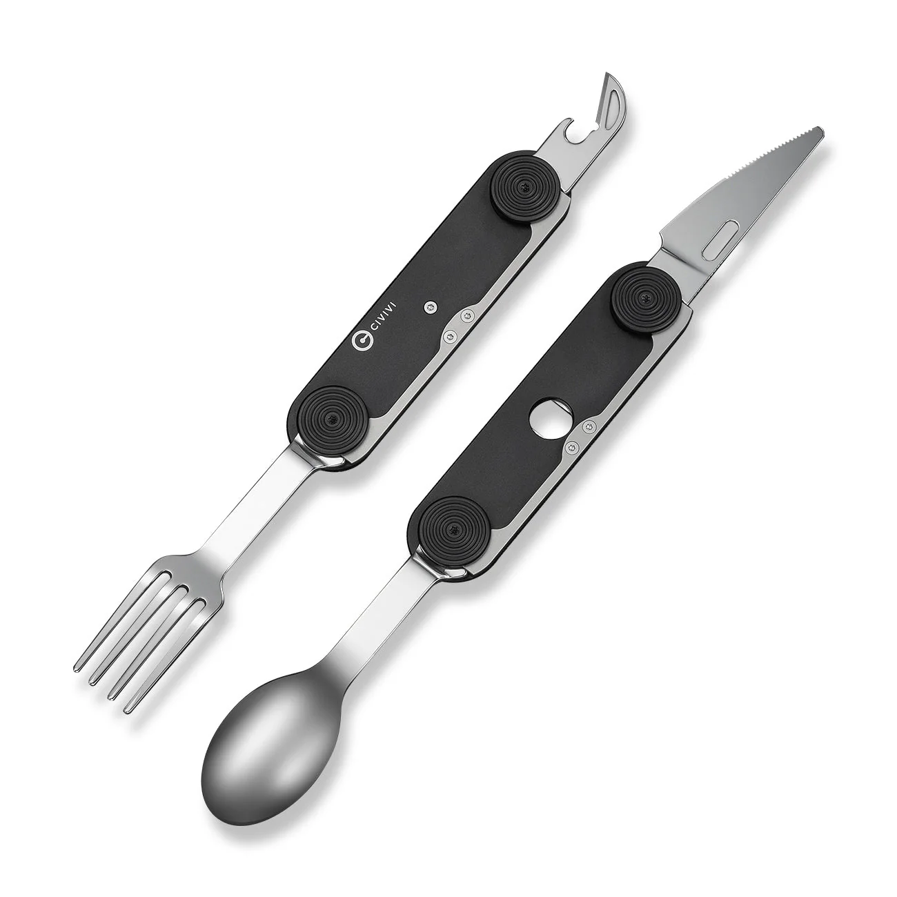 CIVIVI Partake 4-In-1 Multi-Tool Black Aluminum Handle Stainless Steel Knife, Fork, Spoon & Can Opener C24032C-1, With A Waxed Canvas Pouch - Image 3