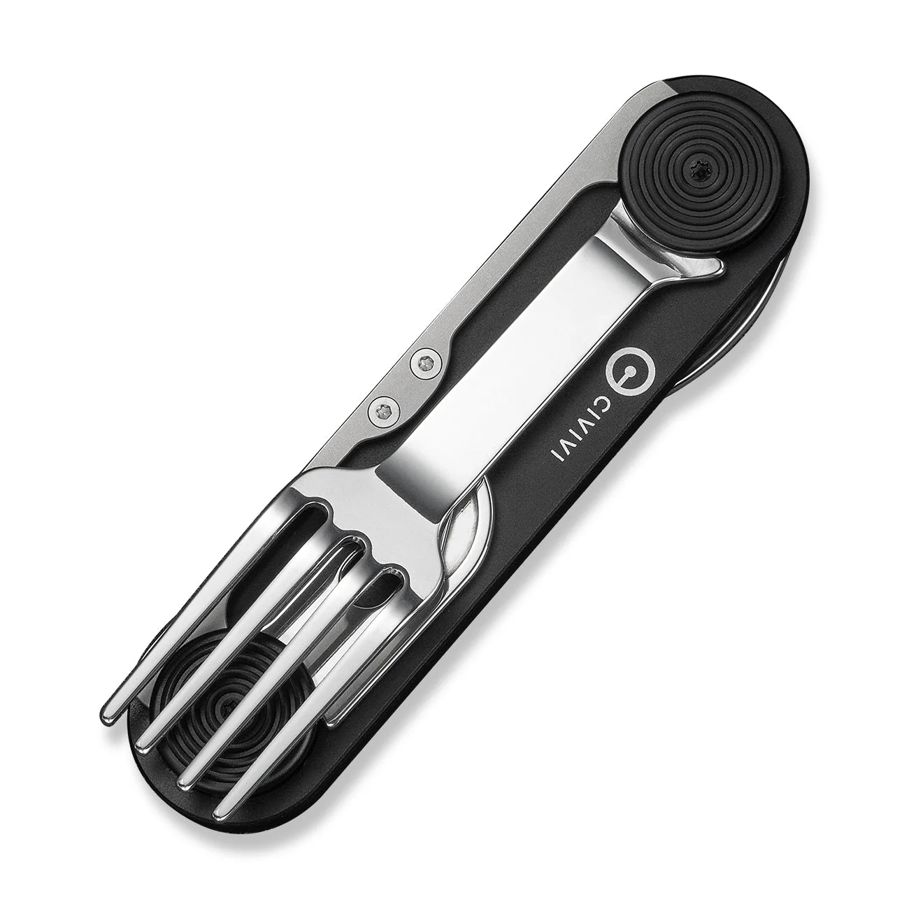 CIVIVI Partake 4-In-1 Multi-Tool Black Aluminum Handle Stainless Steel Knife, Fork, Spoon & Can Opener C24032C-1, With A Waxed Canvas Pouch - Image 4