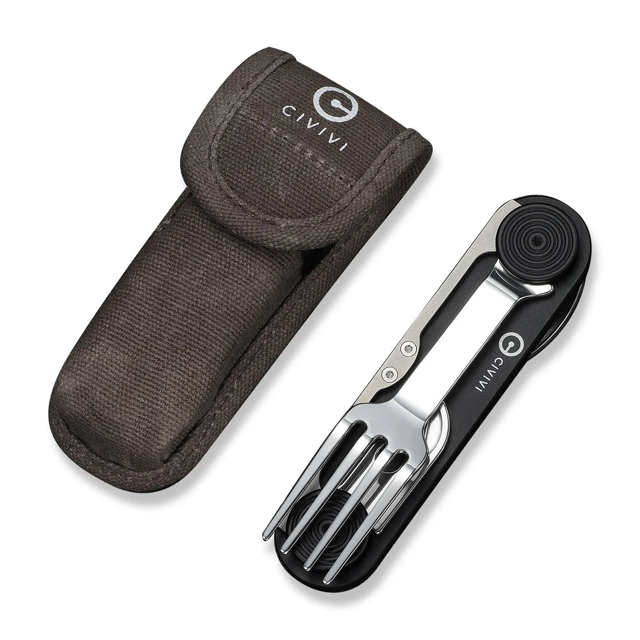 CIVIVI Partake 4-In-1 Multi-Tool Black Aluminum Handle Stainless Steel Knife, Fork, Spoon & Can Opener C24032C-1, With A Waxed Canvas Pouch - Image 8