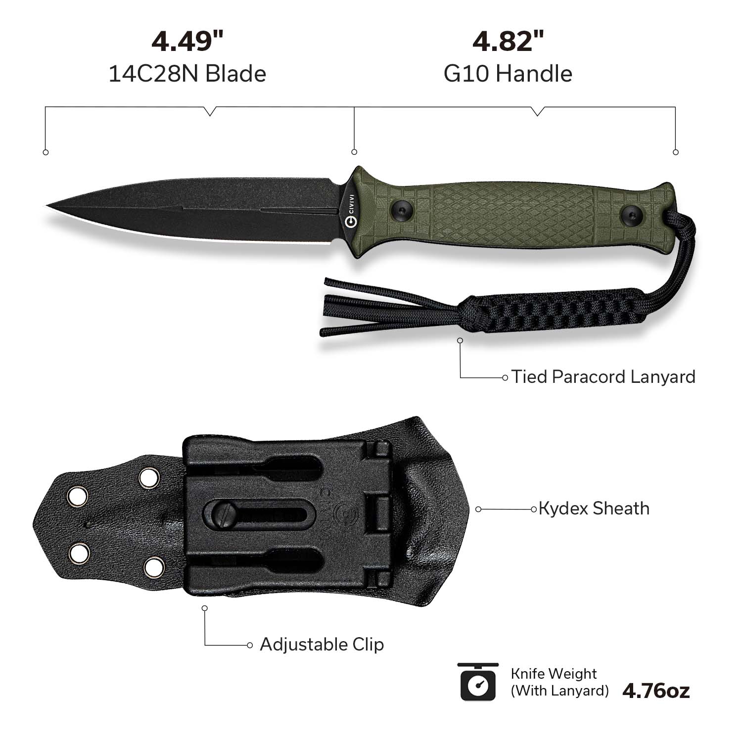 CIVIVI Perfrico Fixed Blade Knife G10 Handle (4.49" 14C28N Blade) C23026-2 - Image 6