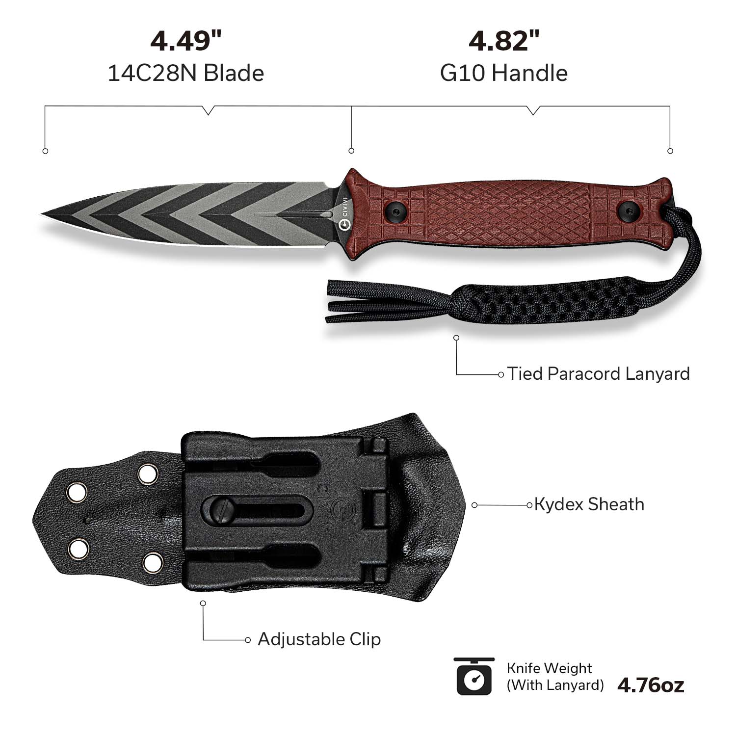 CIVIVI Perfrico Fixed Blade Knife G10 Handle (4.49" 14C28N Blade) C23026-3 - Image 6