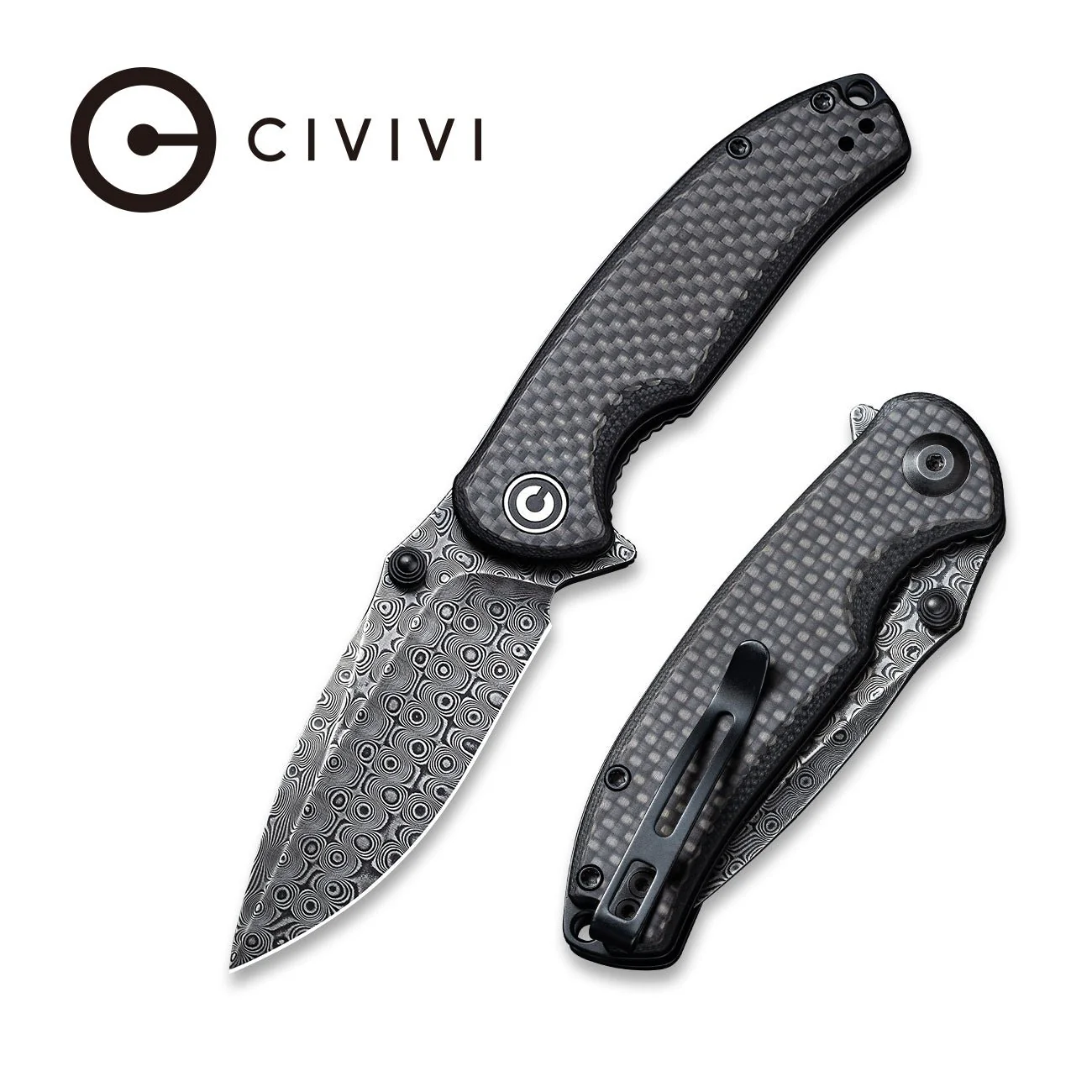 CIVIVI Pintail Flipper & Thumb Stud Knife Carbon Fiber & G10 Handle (2.98" Damascus Blade) C2020DS-1
