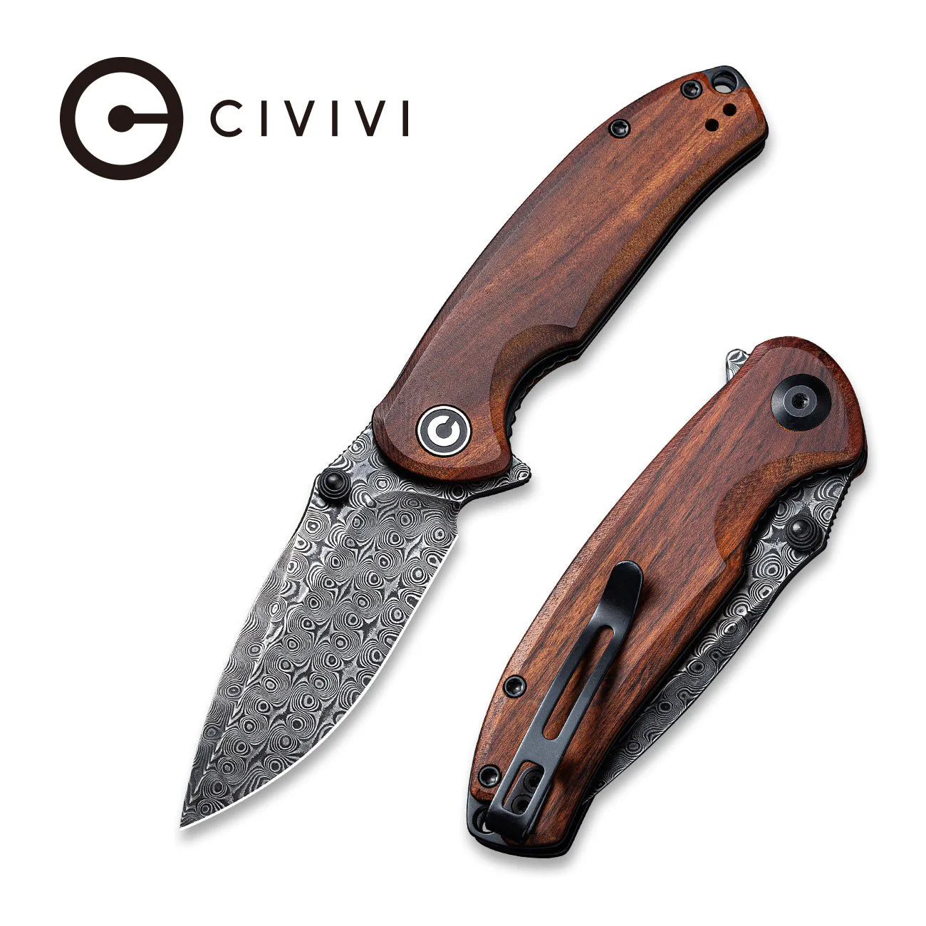 CIVIVI Pintail Flipper & Thumb Stud Knife Wood Handle (2.98" Damascus Blade) C2020DS-2