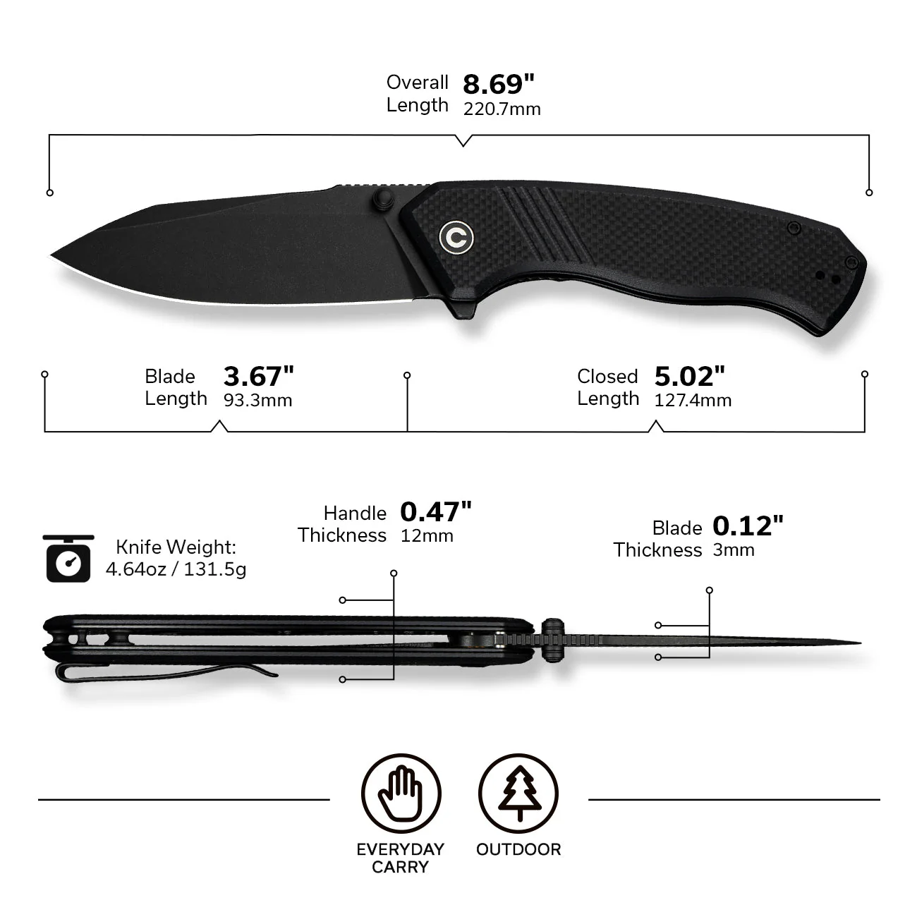 CIVIVI Placoid Flipper & Thumb Stud Knife G10 Handle (3.67" 14C28N Blade) C23079-1 - Image 2
