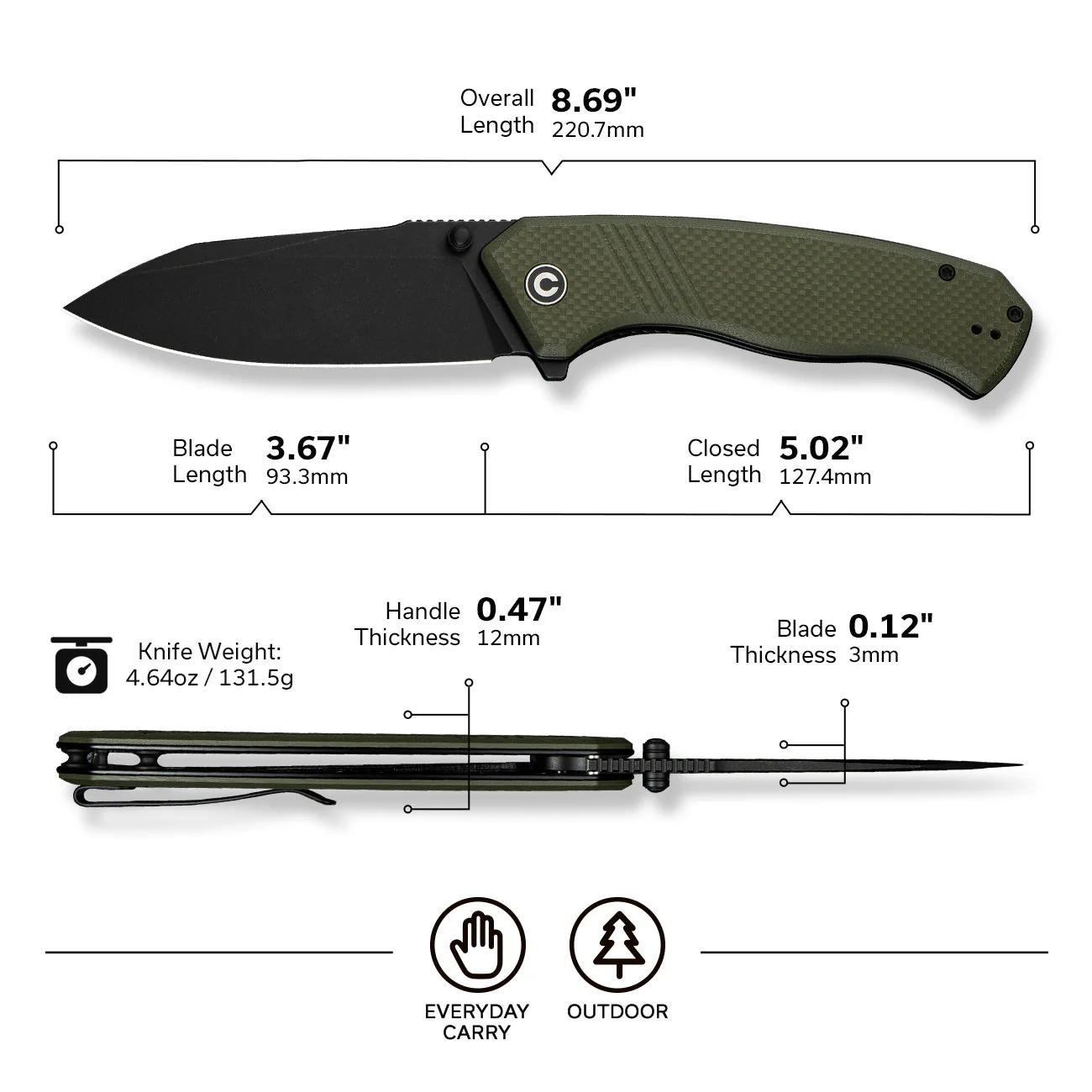 CIVIVI Placoid Flipper & Thumb Stud Knife G10 Handle (3.67" 14C28N Blade) C23079-3 - Image 2