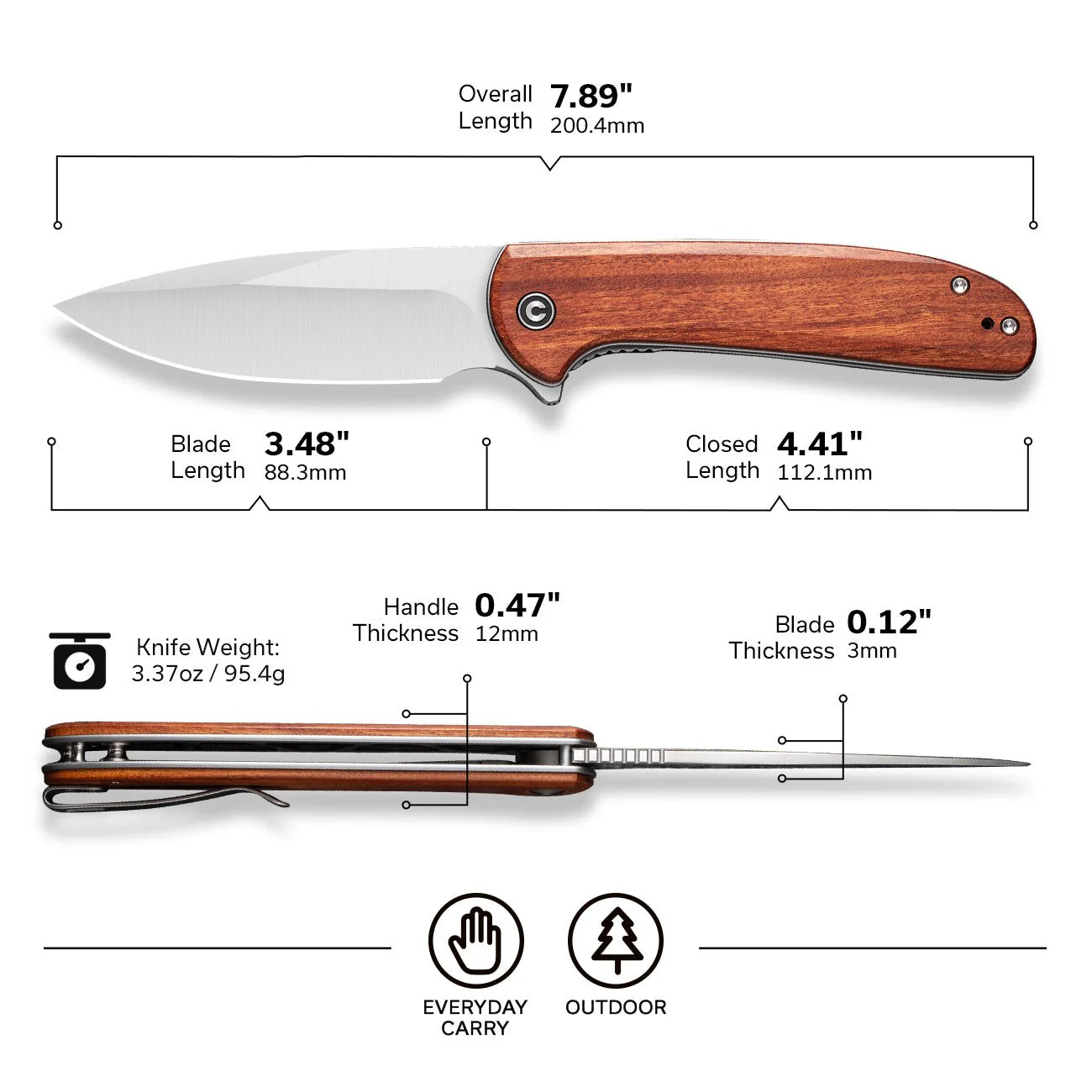 CIVIVI Primitrox Flipper Knife Wood Handle (3.48" Nitro-V Blade) C23005A-3 - Image 2