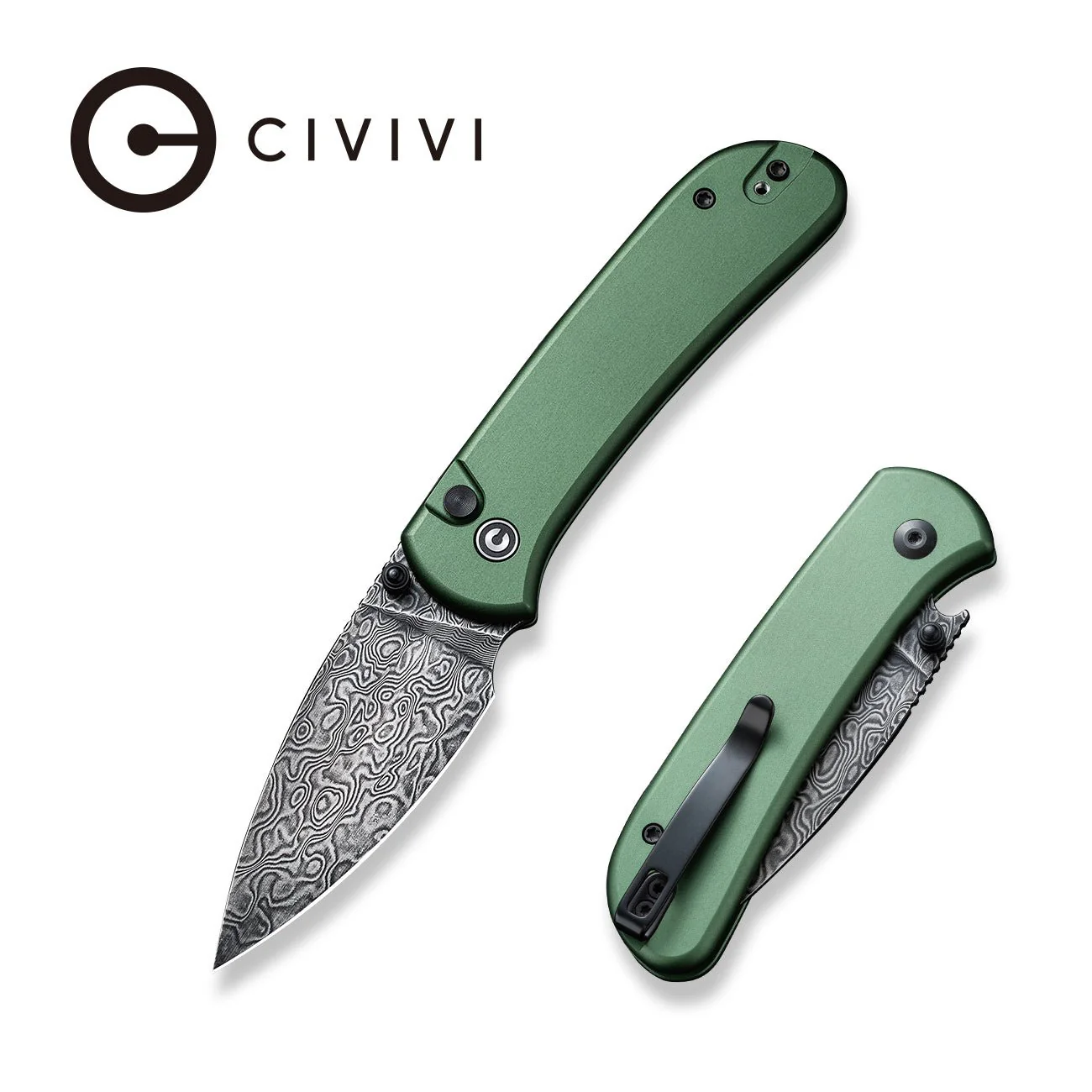 CIVIVI Qubit Button Lock & Thumb Stud Knife Aluminum Handle (2.98" Damascus Blade) C22030E-DS1