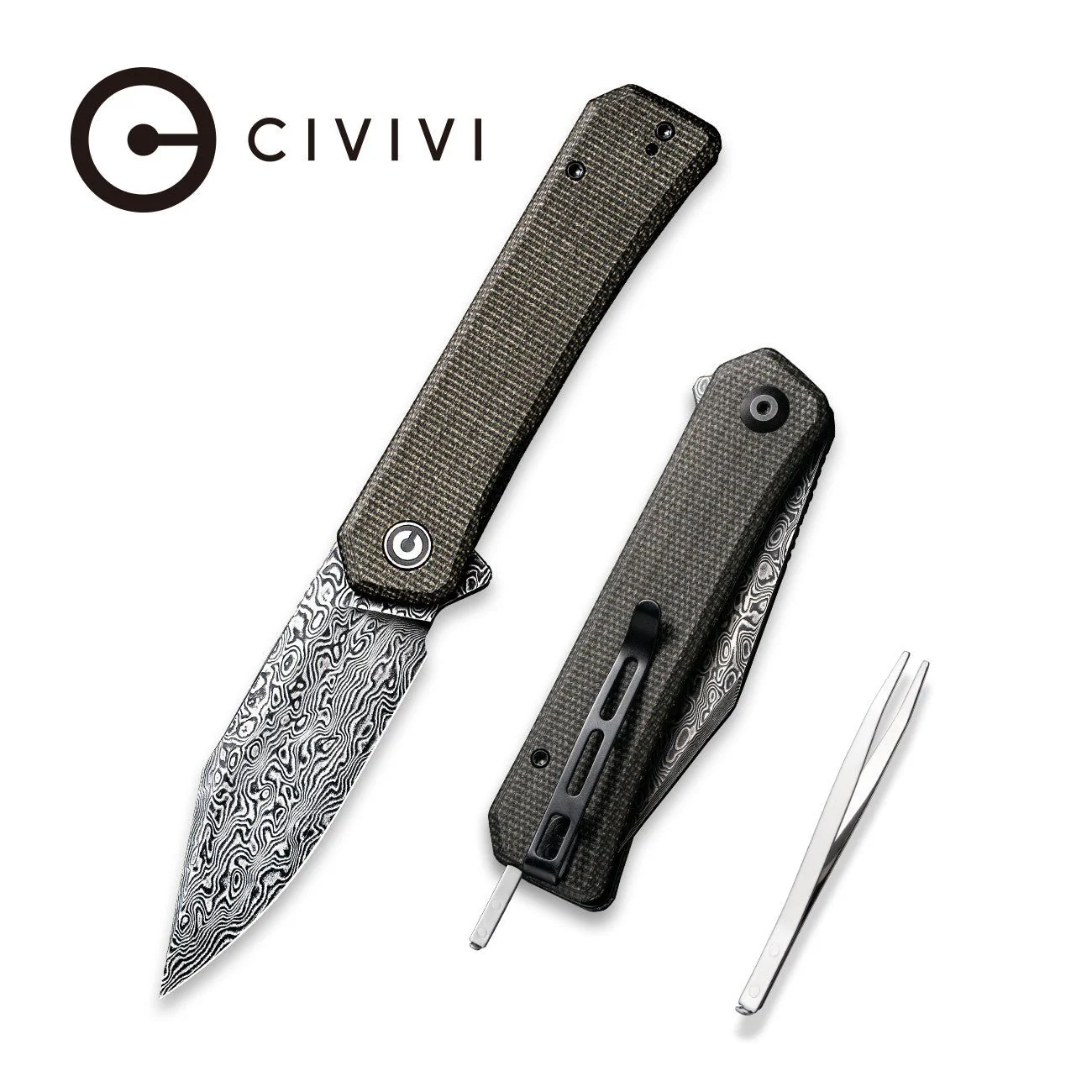 CIVIVI Relic Flipper Knife Micarta Handle (3.48" Damascus Blade) C20077B-DS1