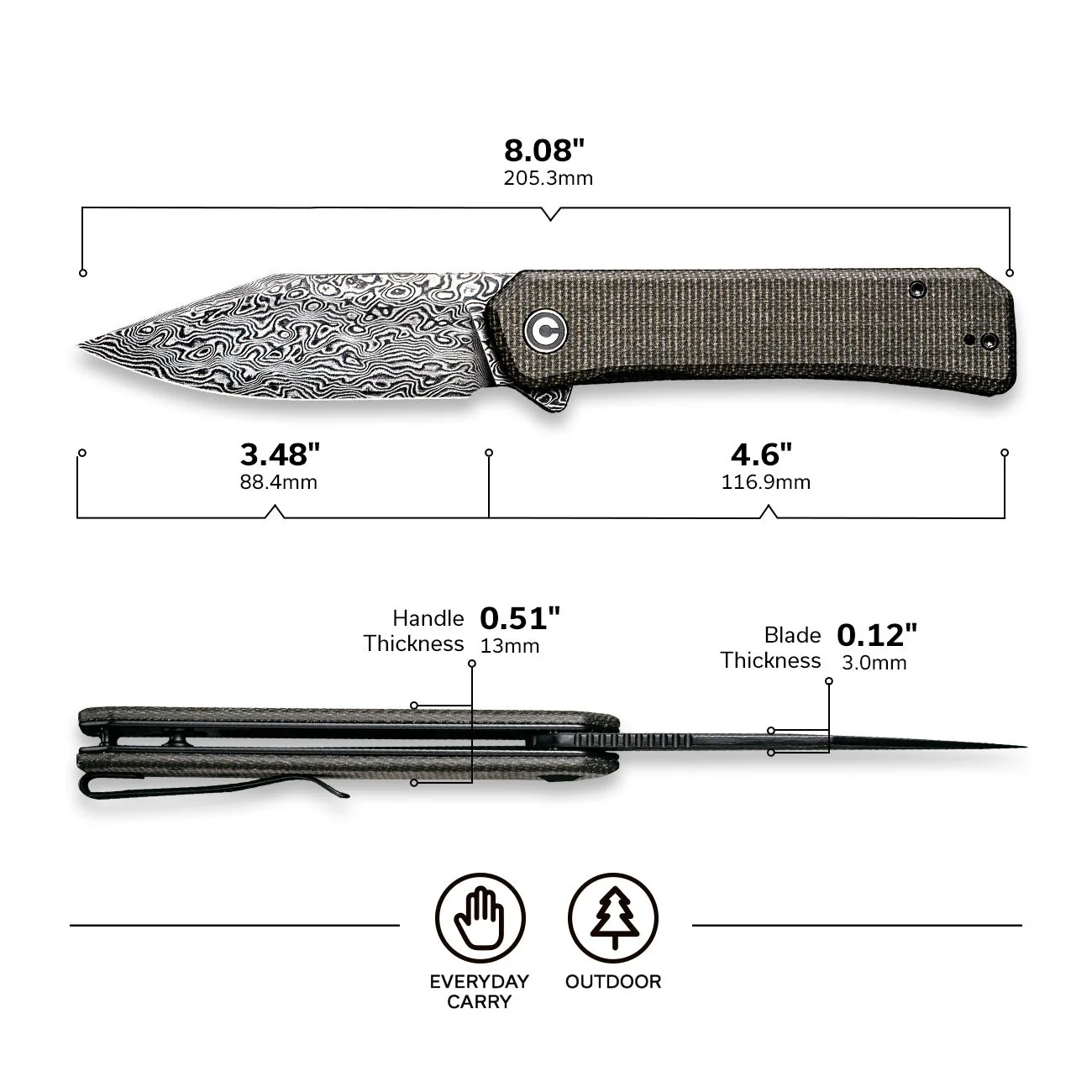 CIVIVI Relic Flipper Knife Micarta Handle (3.48" Damascus Blade) C20077B-DS1 - Image 3