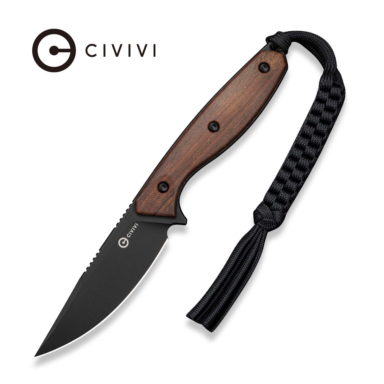 CIVIVI Riftedge Fixed Blade Knife Iron Wood Handle (3.01" Black Stonewashed 14C28N Blade) C25050 Sample2, With 1PC Black Lanyard, Black Kydex Sheath & T-Clip