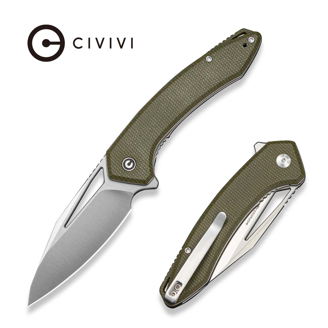 CIVIVI Shryke Flipper & Thumb Hole Knife Olive Canvas Micarta Handle (3.21" Satin Finished Nitro-V Blade) C25052 Sample2