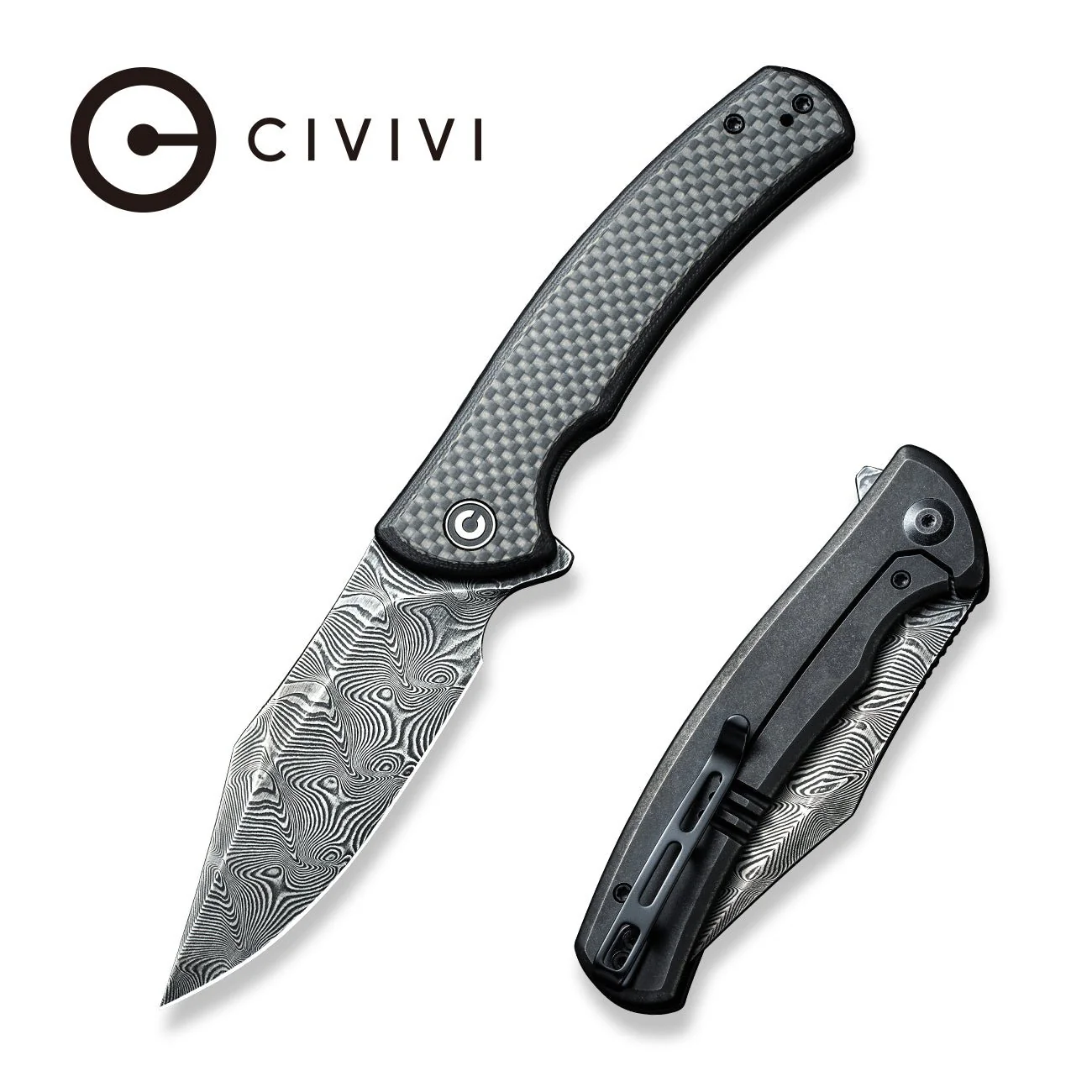 CIVIVI Sinisys Flipper Knife Carbon Fiber & G10 & Stainless Steel Handle (3.7" Damascus Blade) C20039-DS1