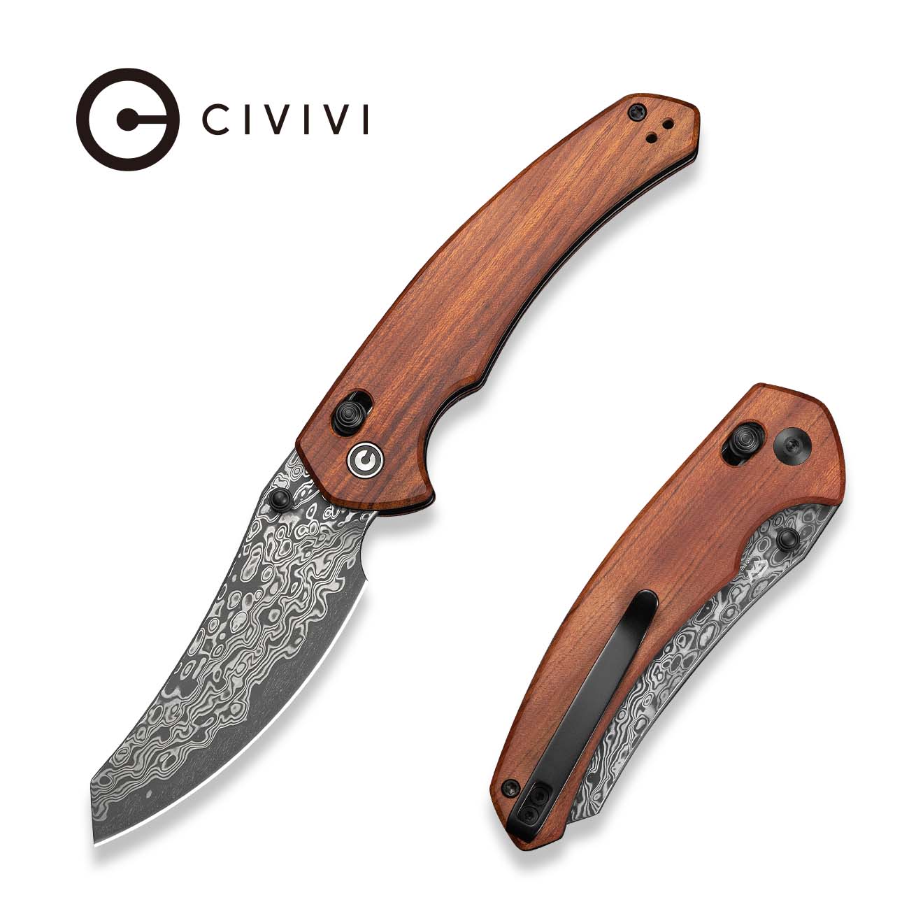 CIVIVI Sixgill Thumb Stud & Crossbar Lock Knife Wood Handle (3.41" Damascus Blade) C24050-DS1