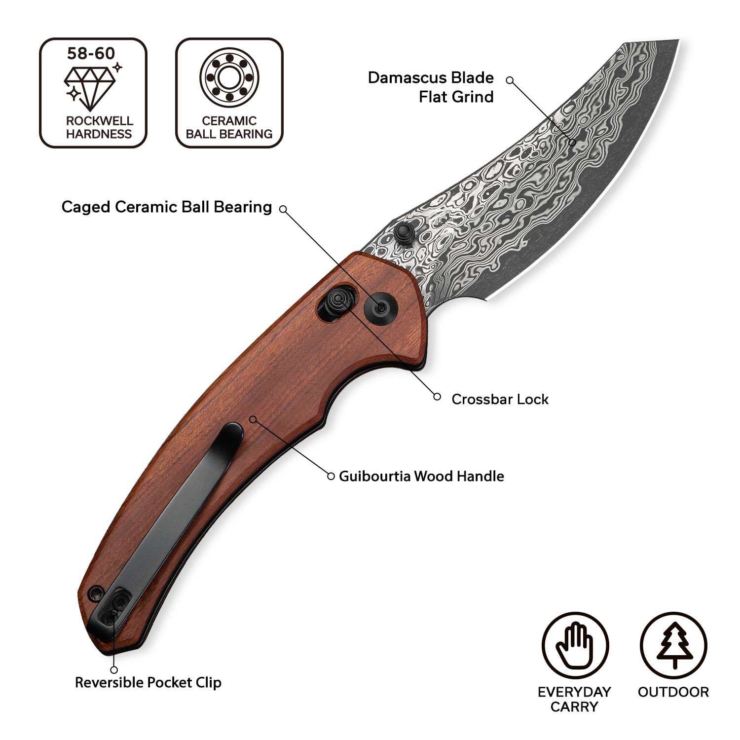 CIVIVI Sixgill Thumb Stud & Crossbar Lock Knife Wood Handle (3.41" Damascus Blade) C24050-DS1 - Image 6