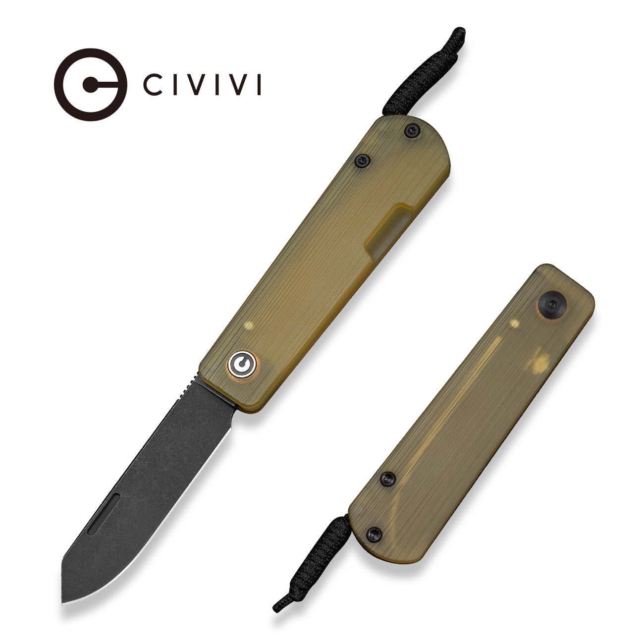 CIVIVI Slippy Sendy Slip Joint Knife Milled Bead Blasted Yellow Ultem Handle (2.81" Black Stonewashed Nitro-V Blade) C24075A-1, With Black Paracord Lanyard Attached