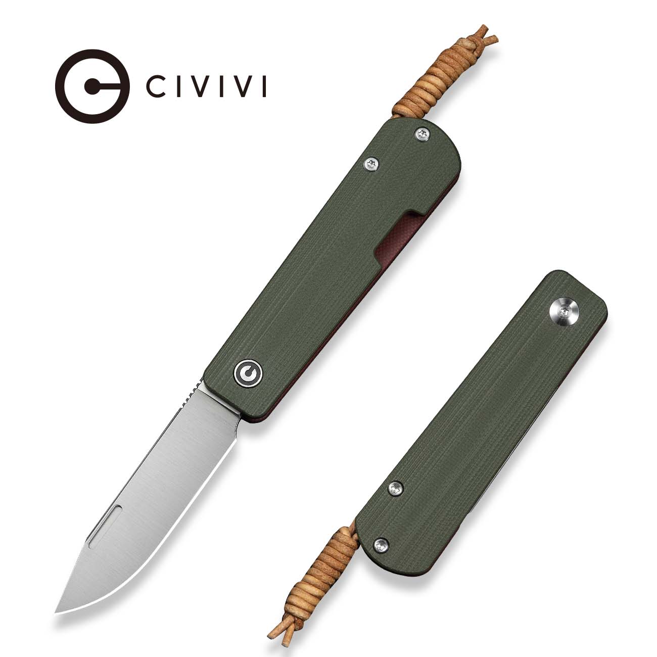 CIVIVI Slippy Sendy Slip Joint Knife Milled Green & Red G10 Handle (2.81" Satin Finished Nitro-V Blade) C24075B-1, With Brown Leather Lanyard Attached