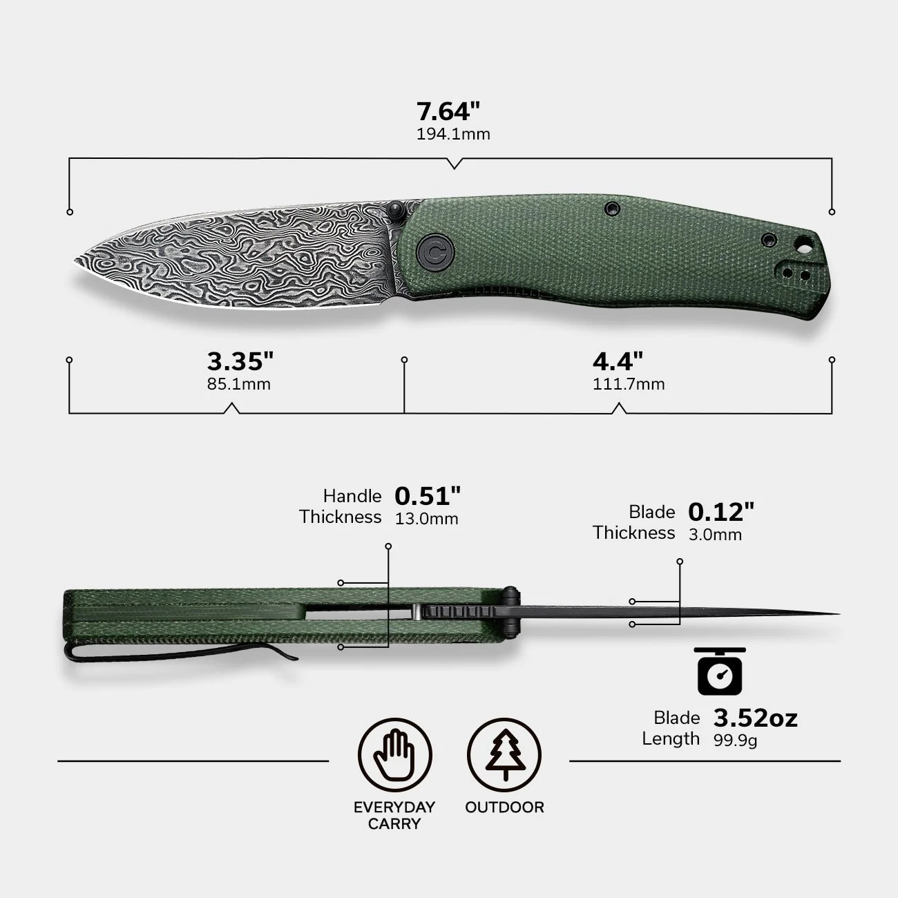 CIVIVI Sokoke Front Flipper & Thumb Stud Knife Micarta Handle (3.35" Damascus Blade) C22007-DS2 - Image 2